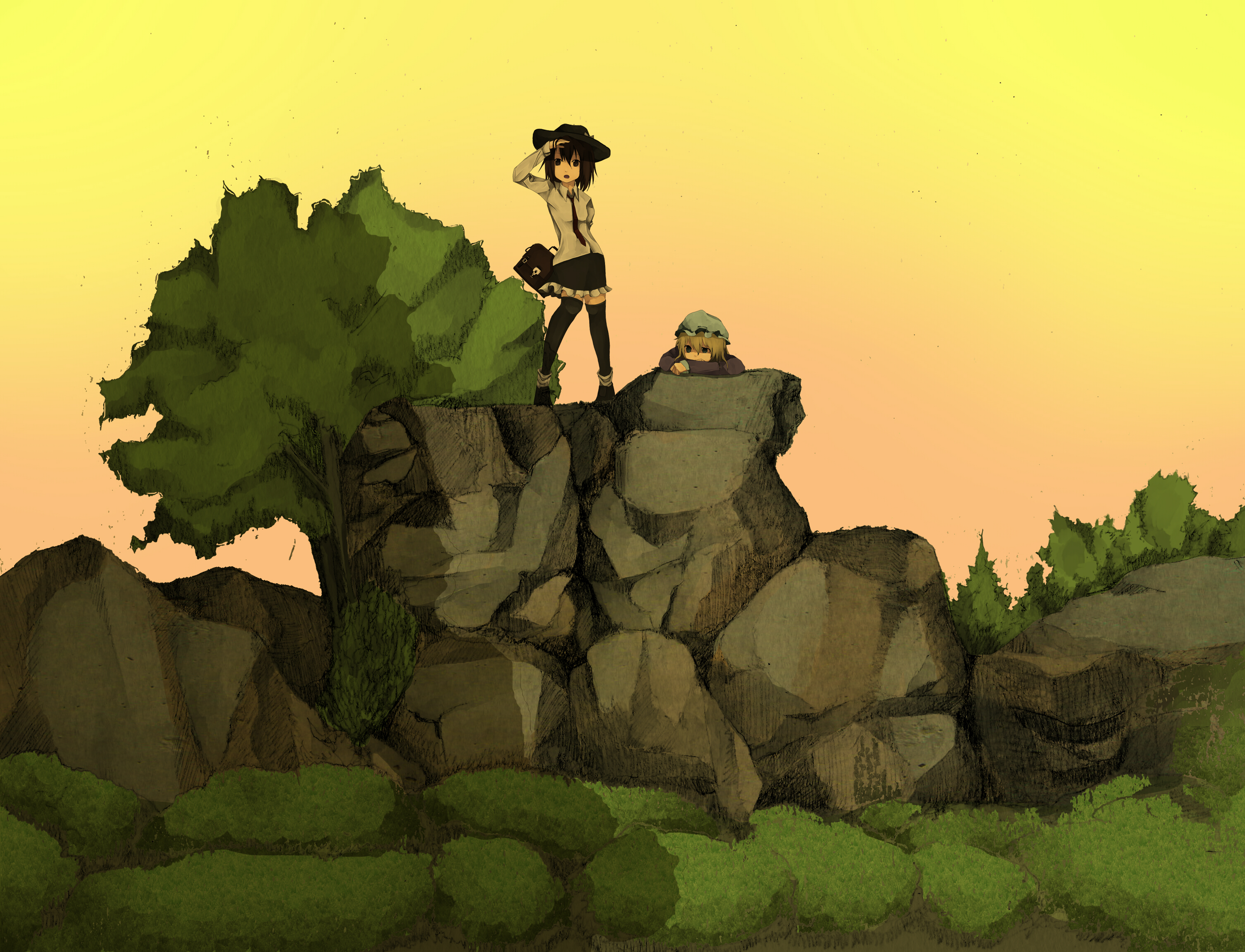 tokoroten (hmmuk), maribel hearn, usami renko, ghostly field club, touhou, bad id, bad pixiv id, highres, 2girls, female focus, kyoto, multiple girls, nature, rock, tree