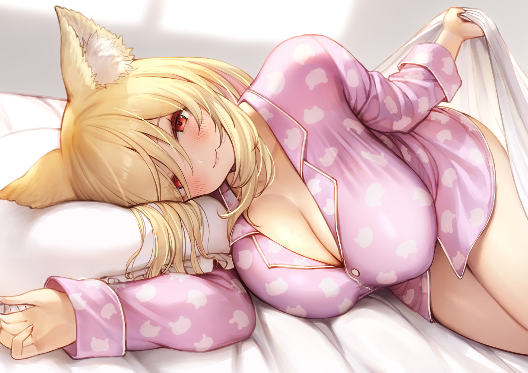 gougasha akira, hitotsubashi monaka, indie virtual youtuber, commentary request, highres, 1girl, animal ear fluff, animal ears, blonde hair, blush, breasts, buttons, cleavage, closed mouth, day, dot nose, large breasts, lifting covers, long hair, looking at viewer, lying, multicolored hair, no pants, on bed, on side, pajamas, pillow, pink pajamas, red eyes, smile, solo, two-tone hair, virtual youtuber, wolf ears, wolf girl