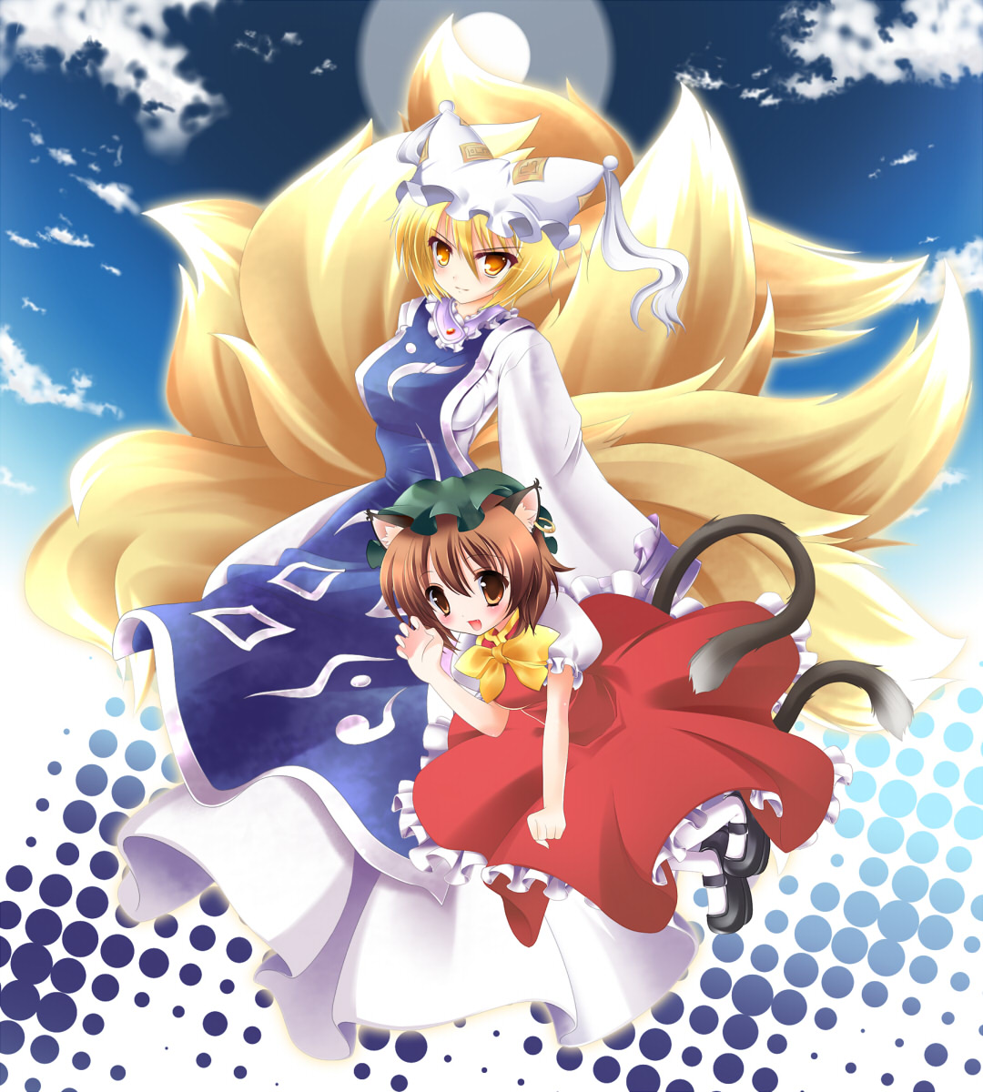 hoshineko (kiraneko), chen, yakumo ran, touhou, bad id, bad pixiv id, highres, 2girls, animal ears, animal hat, blonde hair, blue sky, brown eyes, brown hair, cat ears, cat girl, cat tail, cloud, earrings, female focus, fox tail, hat, jewelry, kitsune, kyuubi, long sleeves, looking at viewer, mob cap, multiple girls, multiple tails, outdoors, puffy short sleeves, puffy sleeves, shoes, short hair, short sleeves, sky, socks, tail, tassel, wide sleeves, yellow eyes