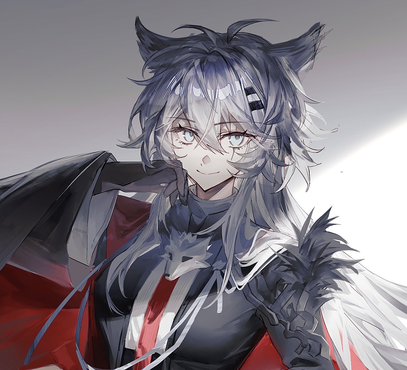 bochishiraita, lappland (arknights), lappland the decadenza (arknights), arknights, highres, 1girl, animal ears, black gloves, blue eyes, cape, closed mouth, gloves, grey hair, hair between eyes, hair ornament, hairclip, hand on own cheek, hand on own face, long hair, long sleeves, looking at viewer, red cape, scar, scar across eye, scar on face, smile, solo, upper body, wolf ears, wolf girl