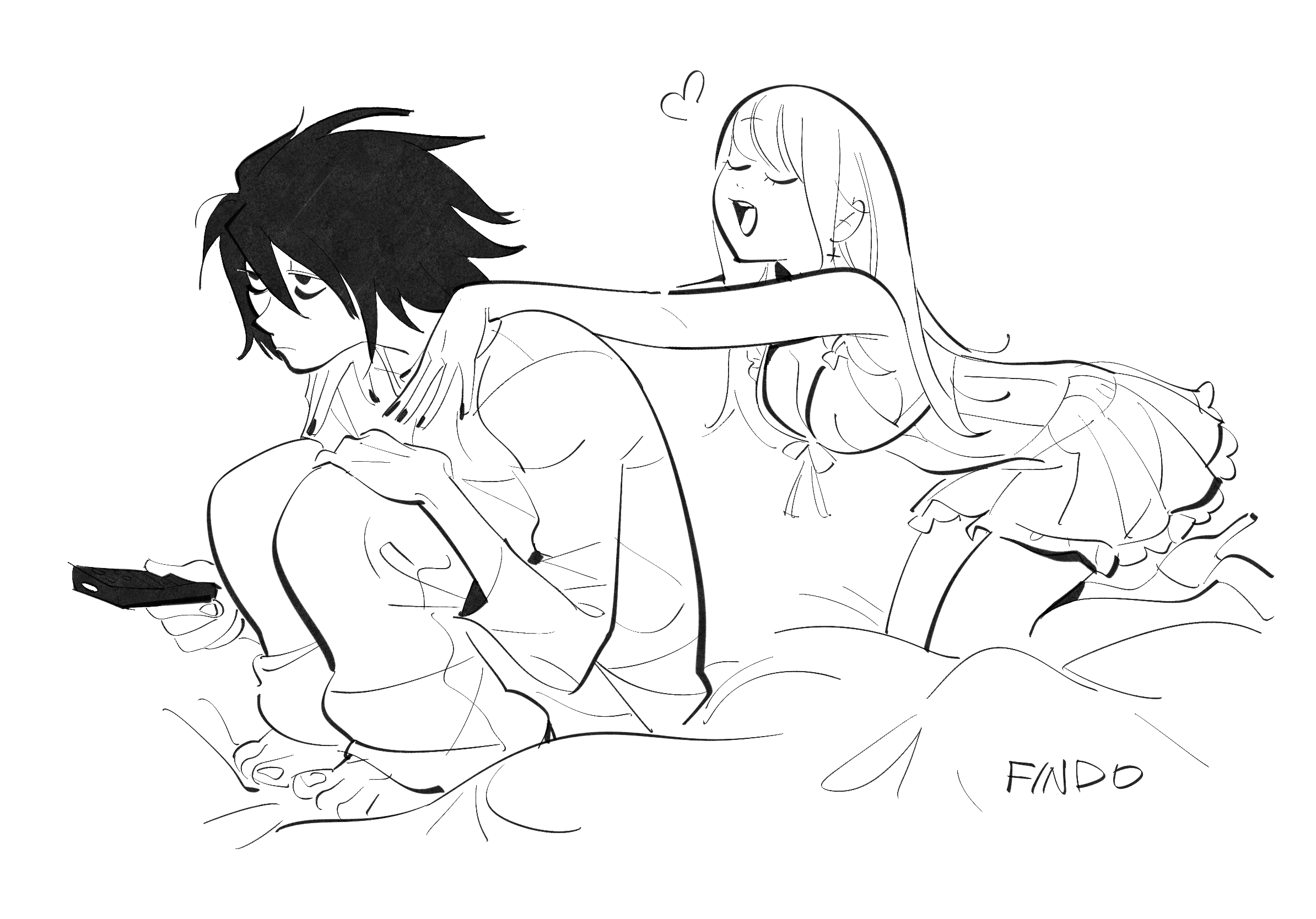 findoworld, amane misa, l (death note), death note, derivative work, highres, 1boy, 1girl, artist name, bags under eyes, bare shoulders, barefoot, black hair, black nails, breasts, cleavage, closed eyes, controller, cross, cross earrings, earrings, greyscale, hair between eyes, hands on another's shoulders, hetero, holding, holding remote control, hugging own legs, jewelry, leaning forward, lingerie, long hair, medium breasts, monochrome, nail polish, negligee, on bed, open mouth, remote control, shirt, short hair, smile, underwear, white shirt