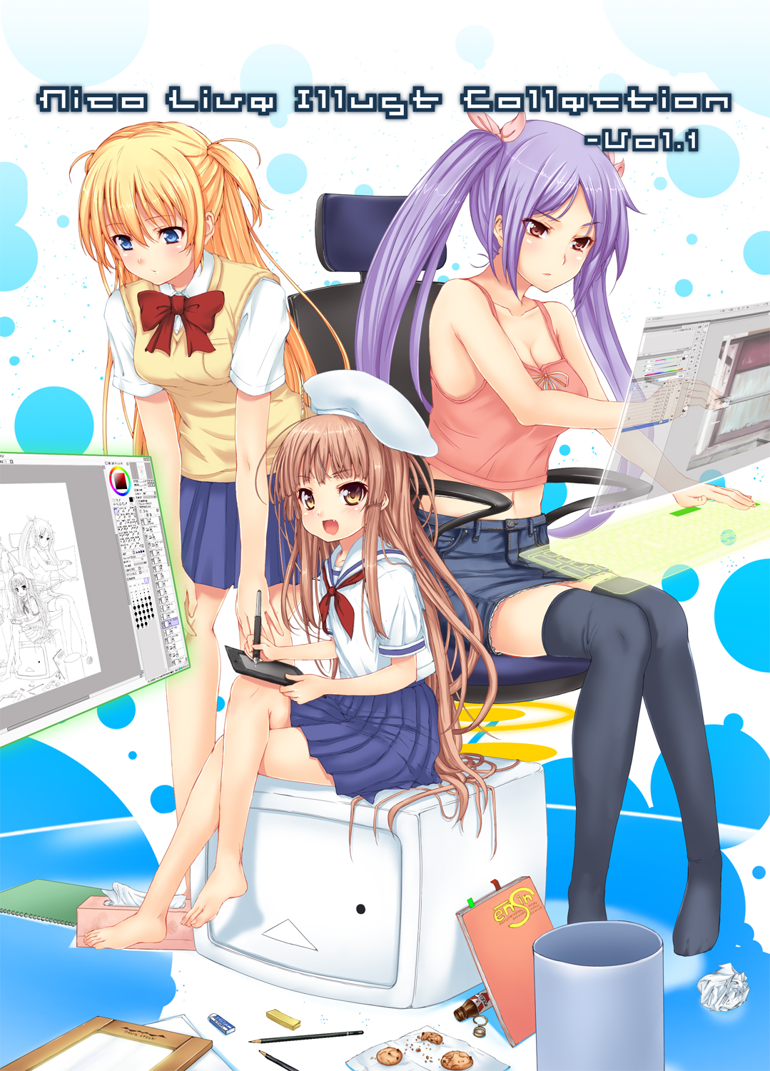 fujioka toki, adobe photoshop, original, wacom, bad id, bad pixiv id, highres, bare shoulders, barefoot, black thighhighs, blonde hair, chair, cookie, drawing tablet, feet, food, hair ribbon, legs, long hair, midriff, navel, purple hair, recursion, ribbon, short twintails, shorts, sitting, sweater vest, thighhighs, trash can, twintails