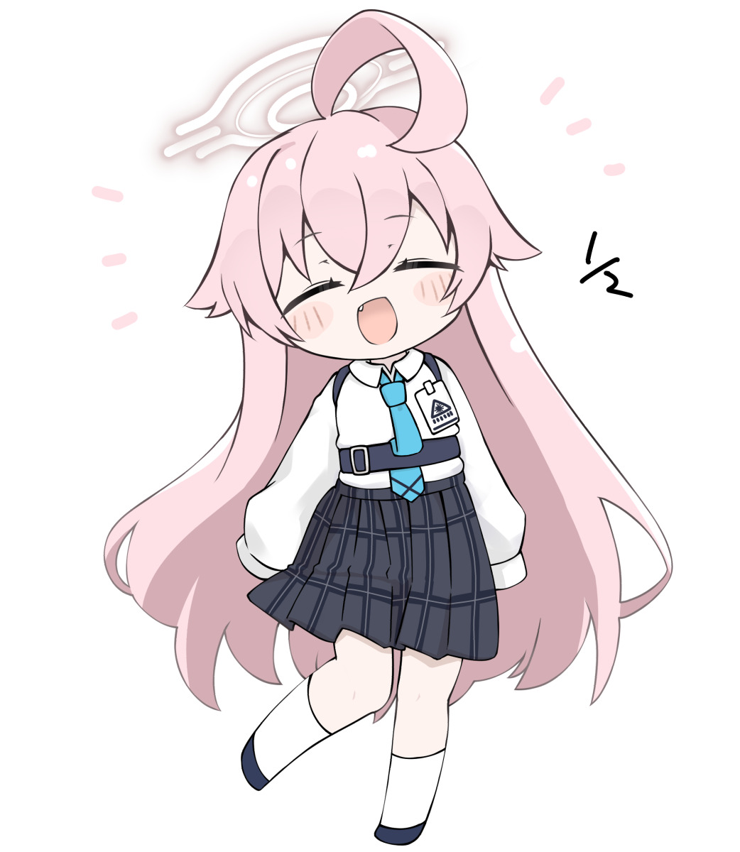 miranofuudoria, hoshino (blue archive), blue archive, highres, 1girl, :d, ^ ^, ahoge, black shoes, blue necktie, blush stickers, chibi, closed eyes, collared shirt, dated, facing viewer, fang, full body, grey skirt, hair between eyes, halo, long hair, long sleeves, necktie, open mouth, pink hair, plaid clothes, plaid skirt, pleated skirt, puffy long sleeves, puffy sleeves, school uniform, shirt, shoes, simple background, skirt, sleeves past fingers, sleeves past wrists, smile, socks, solo, standing, standing on one leg, very long hair, white background, white shirt, white socks