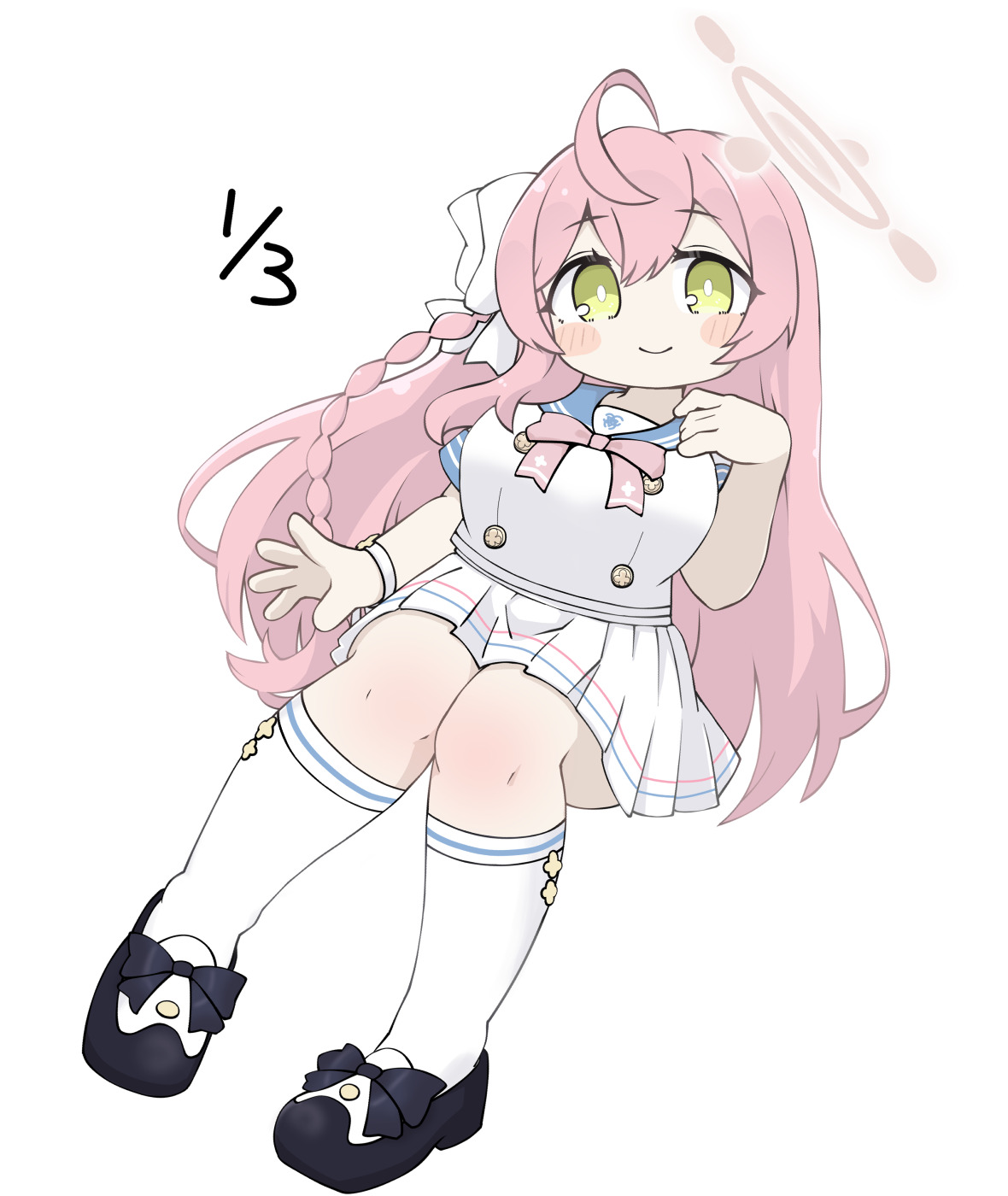 miranofuudoria, hanako (blue archive), blue archive, highres, 1girl, black bow, black shoes, blue sailor collar, blush stickers, bow, braid, breasts, chibi, closed mouth, dated, full body, green eyes, hair between eyes, hair bow, halo, kneehighs, large breasts, long hair, looking at viewer, pink bow, pink hair, pleated skirt, sailor collar, school uniform, serafuku, shirt, shoes, short sleeves, simple background, sitting, skirt, smile, socks, solo, very long hair, white background, white bow, white serafuku, white shirt, white skirt, white socks