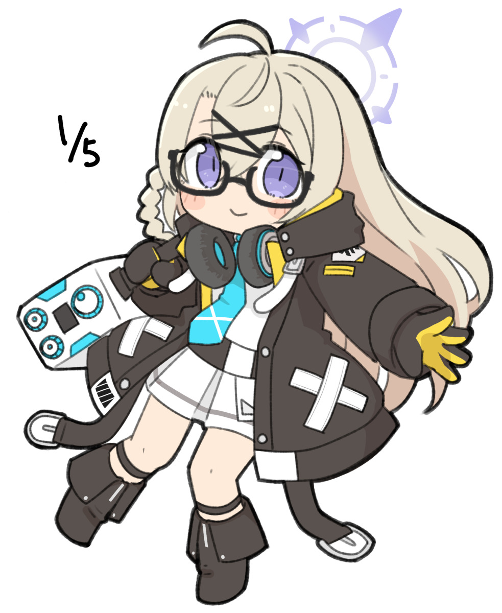 miranofuudoria, kotama (blue archive), blue archive, highres, 1girl, ahoge, black-framed eyewear, black boots, black gloves, black jacket, blue necktie, blush stickers, boots, braid, brown hair, chibi, closed mouth, dated, fold-over boots, full body, glasses, gloves, hair between eyes, hair ornament, halo, headphones, headphones around neck, jacket, long hair, long sleeves, looking at viewer, necktie, open clothes, open jacket, pleated skirt, purple eyes, semi-rimless eyewear, shirt, simple background, skirt, smile, solo, under-rim eyewear, very long hair, white background, white shirt, white skirt, x hair ornament
