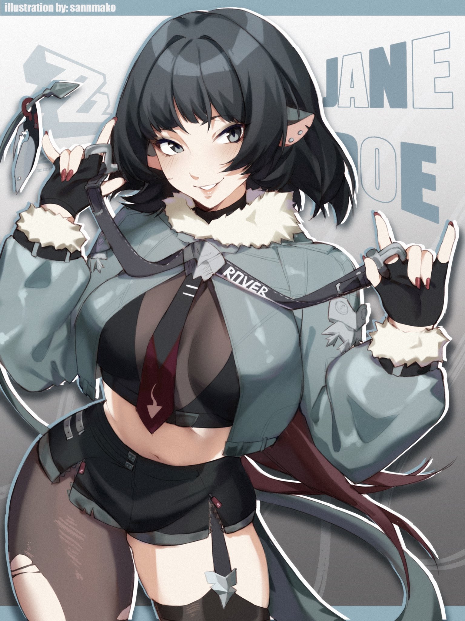 sannmako, jane doe (zenless zone zero), zenless zone zero, commentary, highres, symbol-only commentary, 1girl, animal ears, black gloves, black hair, black necktie, black shorts, breasts, brown thighhighs, crop top, earrings, fingerless gloves, gloves, grey eyes, grey jacket, jacket, jewelry, long hair, looking at viewer, medium breasts, midriff, mouse ears, mouse girl, mouse tail, navel, necktie, pantyhose, red nails, shorts, smile, solo, tail, teeth, thighhighs, torn clothes, torn pantyhose, torn thighhighs