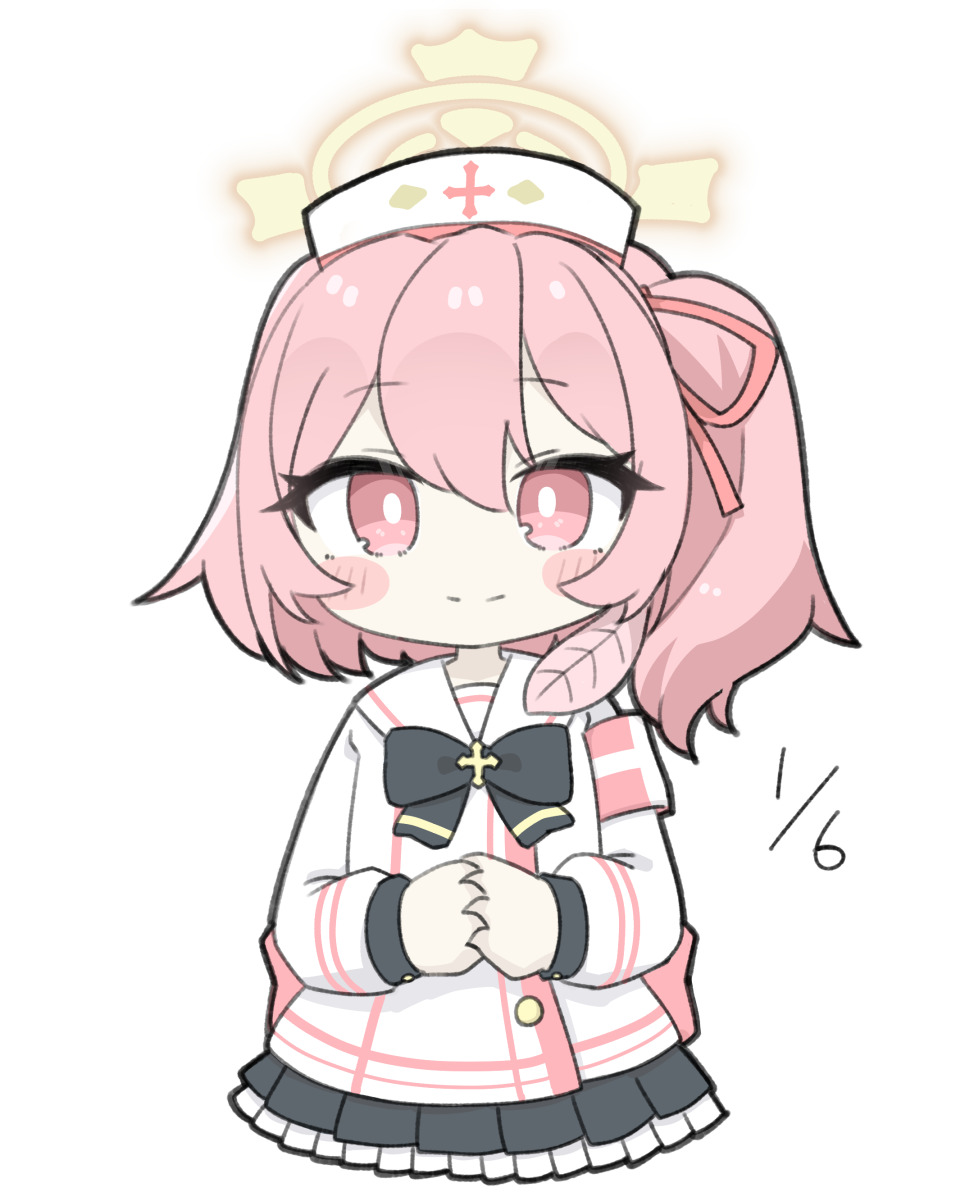 miranofuudoria, serina (blue archive), blue archive, highres, 1girl, armband, black skirt, chibi, closed mouth, dated, dress, frilled skirt, frills, hair between eyes, hair ribbon, halo, hat, long sleeves, looking at viewer, nurse, nurse cap, one side up, pink eyes, pink hair, pink ribbon, pleated skirt, puffy long sleeves, puffy sleeves, ribbon, sailor collar, simple background, skirt, smile, solo, white background, white dress, white hat, white sailor collar