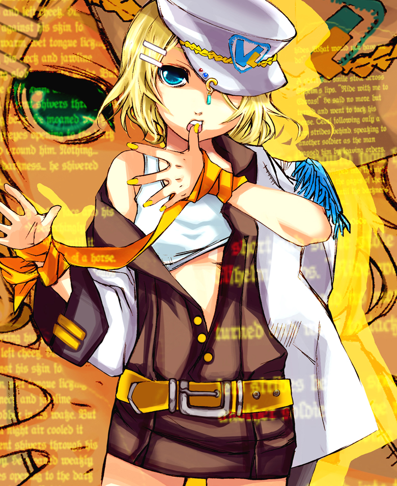 iron mask bear, ironmaskbear, kagamine rin, vocaloid, bad id, bad pixiv id, 1girl, belt, blonde hair, blue eyes, breasts, casual, female focus, hat, midriff, nail polish, short hair, solo, underboob, yellow nails