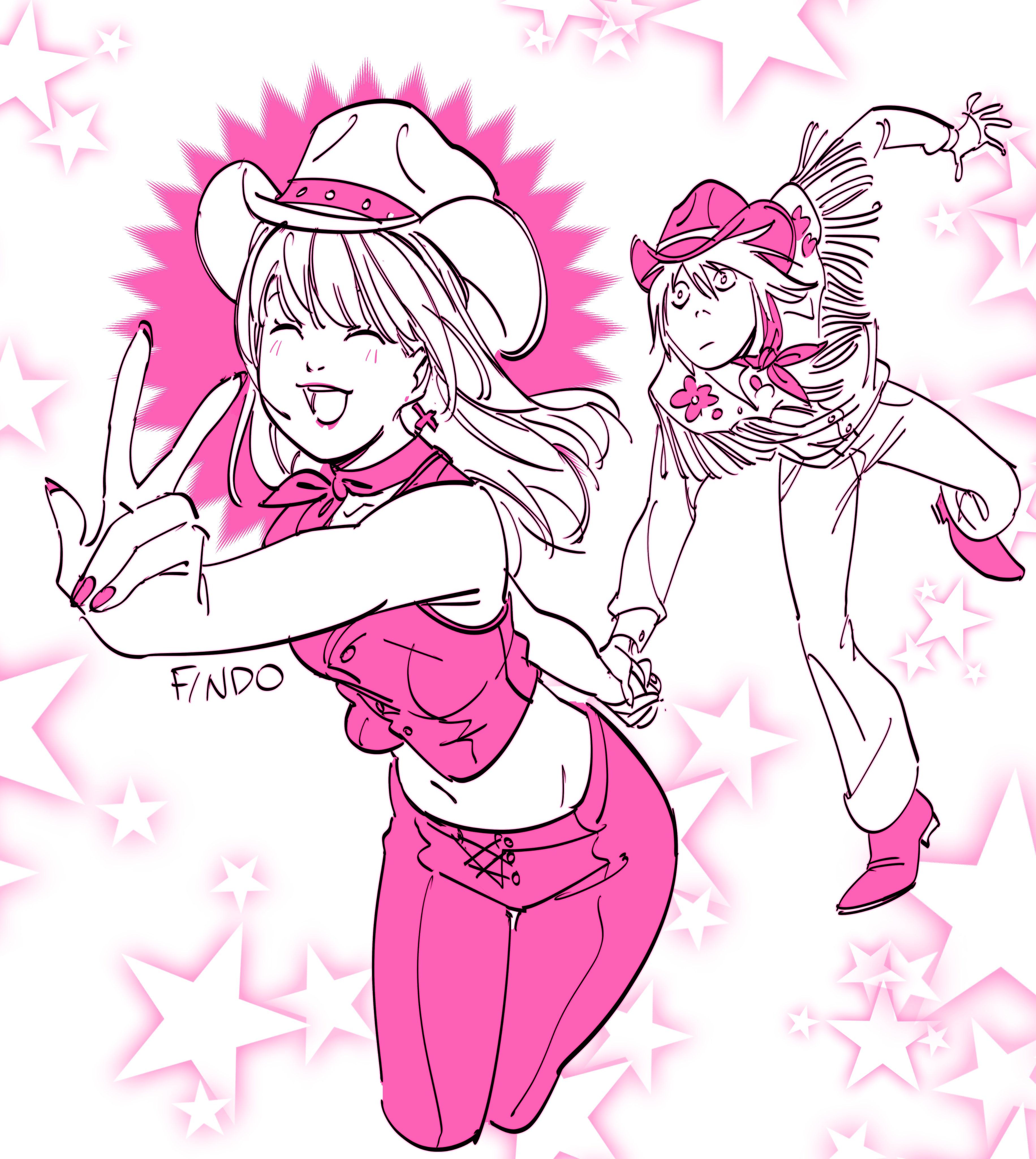 findoworld, amane misa, barbie (character), ken (barbie), l (death note), barbie (franchise), barbie (live action), death note, absurdres, highres, 1boy, 1girl, artist name, assertive female, barbie (character) (cosplay), bare arms, bare shoulders, boots, breasts, closed eyes, cosplay, cowboy hat, cropped legs, cropped vest, cross, cross earrings, earrings, fringe trim, full body, hair between eyes, hat, holding hands, jacket, jewelry, ken (barbie) (cosplay), light blush, long hair, medium breasts, midriff, monochrome, nail polish, navel, neckerchief, open mouth, pants, pink boots, pink hat, pink nails, pink neckerchief, pink pants, short hair, smile, v, vest, white hat, white jacket, white pants