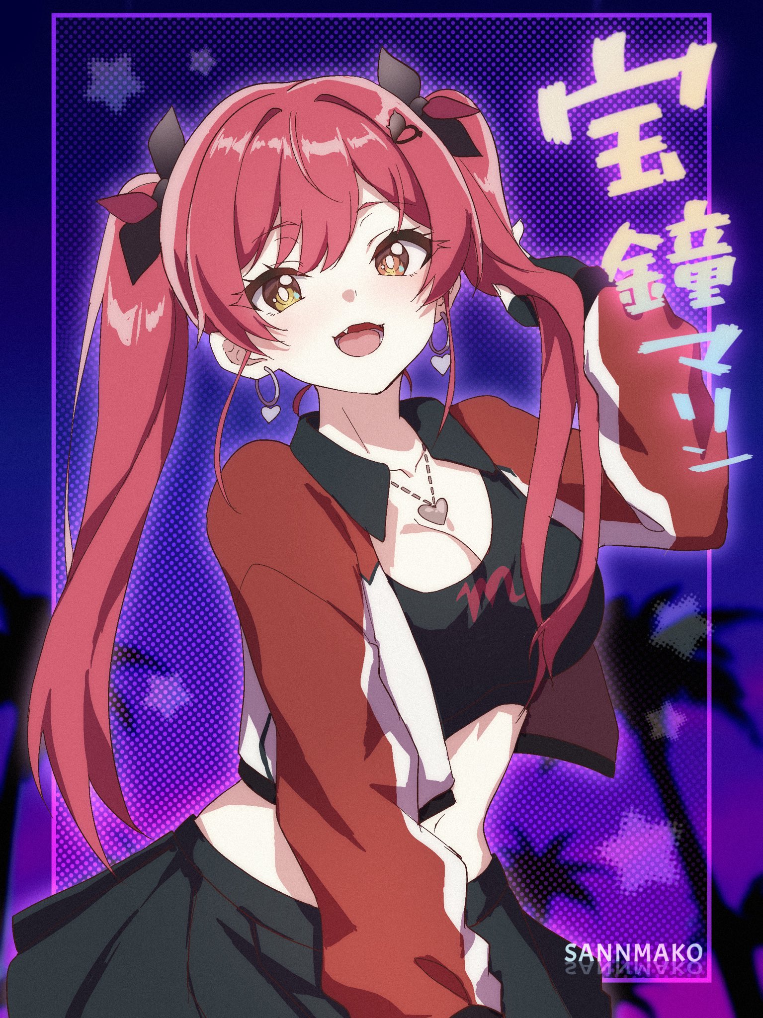 sannmako, houshou marine, hololive, commentary, highres, symbol-only commentary, 1girl, black gloves, black skirt, black sports bra, breasts, crop top, earrings, fingerless gloves, gloves, hair ornament, heterochromia, hoop earrings, jacket, jewelry, long hair, long sleeves, midriff, open mouth, orange eyes, red hair, red jacket, skirt, smile, solo, sports bra, twintails, virtual youtuber, yellow eyes