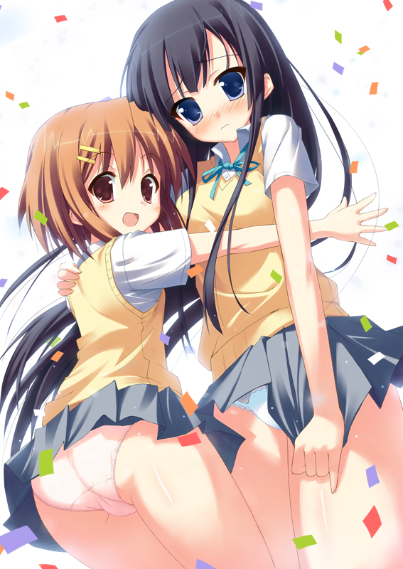 saeki nao, akiyama mio, hirasawa yui, k-on!, 00s, 2girls, ass, black hair, blue eyes, blush, brown eyes, brown hair, confetti, covering crotch, covering privates, hair ornament, hairclip, hug, looking at viewer, multiple girls, open mouth, panties, pink panties, school uniform, skirt, skirt tug, sweater vest, underwear, wavy mouth, white panties