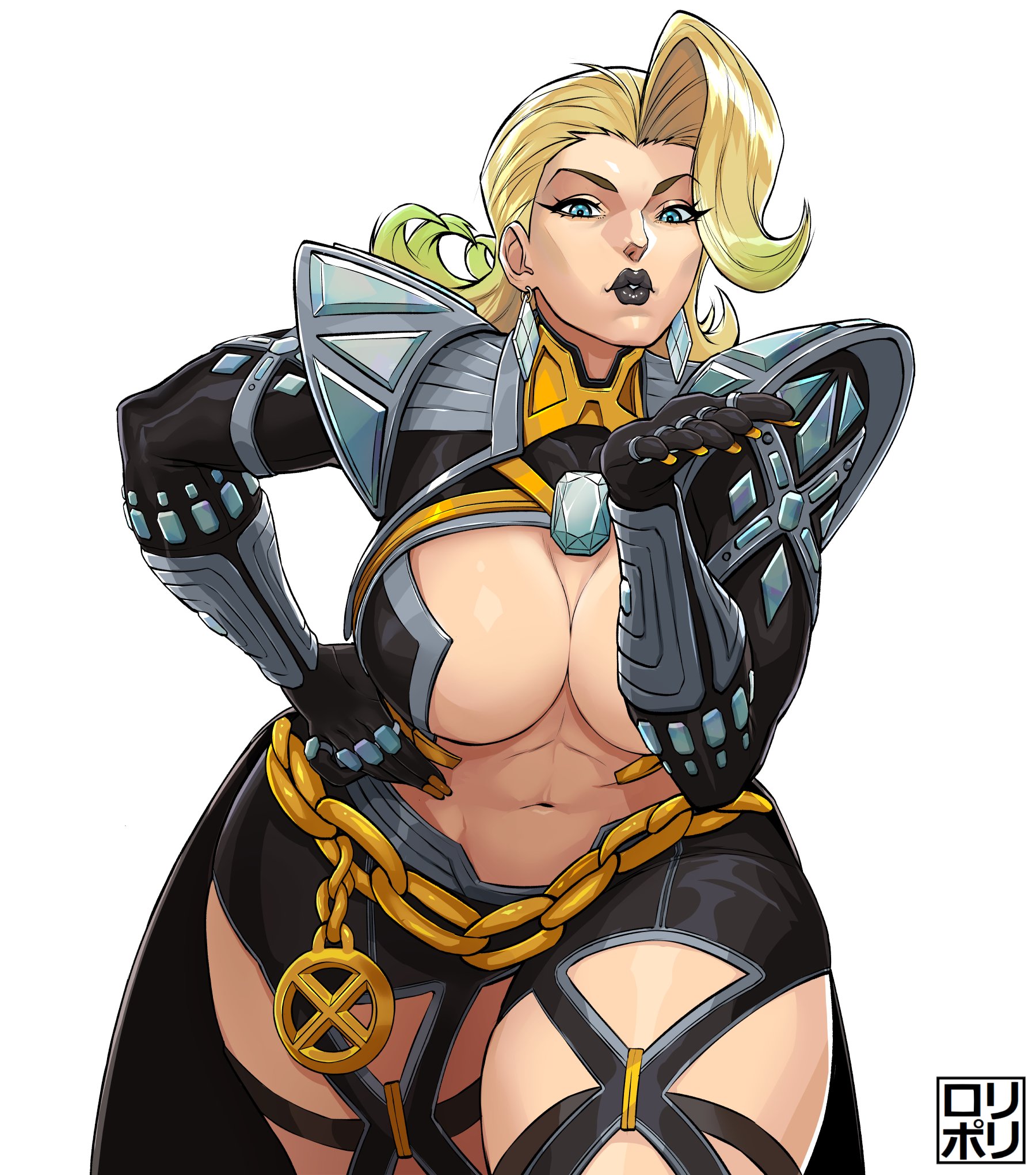 jamrolypoly, emma frost, emma frost (x-revolution), marvel, marvel rivals, x-men, commentary, english commentary, highres, 1girl, armor, bent over, black gloves, black lips, black shorts, blonde hair, blowing kiss, blue eyes, breasts, chain belt, cleavage, cowboy shot, diamond-shaped earrings, gloves, large breasts, long hair, looking at viewer, mature female, midriff, navel, official alternate costume, pauldrons, shorts, shoulder armor, thick thighs, thighs, wide hips