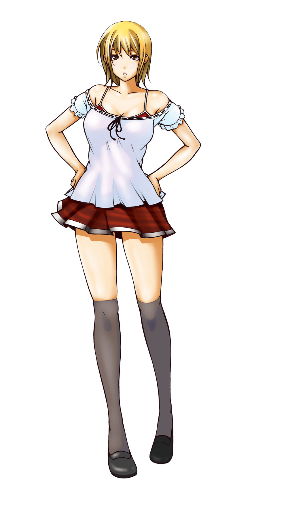 akisu karasu, original, bad id, bad pixiv id, highres, blonde hair, brown eyes, kneehighs, legs, short hair, simple background, skirt, socks, solo, thighhighs