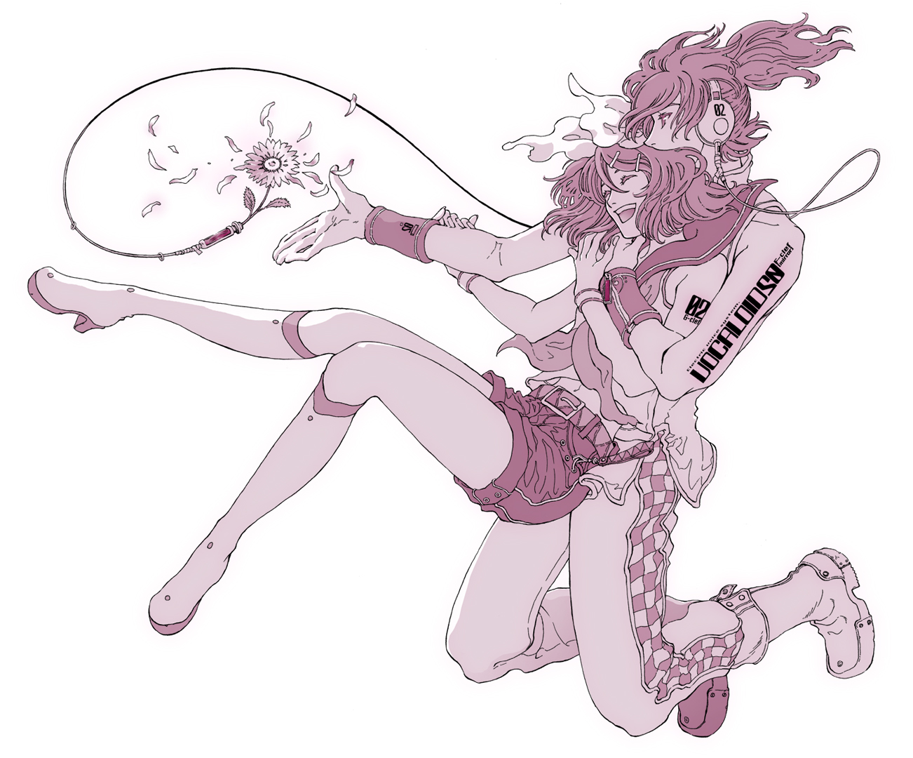 tiny cut, kagamine len, kagamine rin, vocaloid, bad id, bad pixiv id, 1boy, 1girl, aged up, boots, brother and sister, closed eyes, flower, gloves, hair ornament, hair ribbon, hairclip, headphones, hetero, hug, monochrome, purple theme, ribbon, short hair, shorts, siblings, simple background, smile, twins