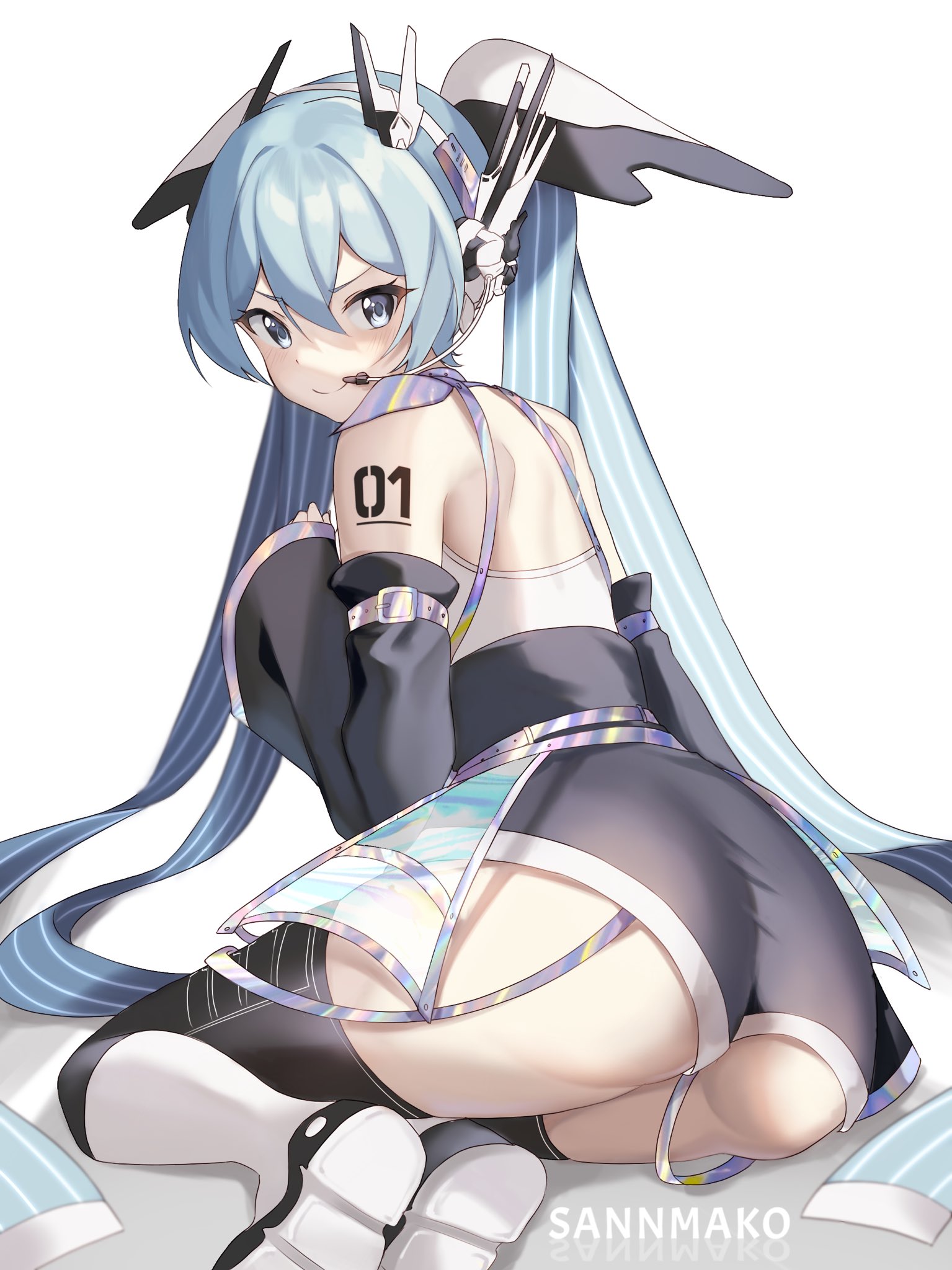 sannmako, hatsune miku, vocaloid, highres, 1girl, aqua hair, ass, black shoes, black shorts, black sleeves, black thighhighs, blue eyes, blue hair, closed mouth, detached sleeves, head wings, headset, long hair, number tattoo, shoes, shorts, smile, solo, tattoo, thighhighs, twintails, very long hair, white background, wings