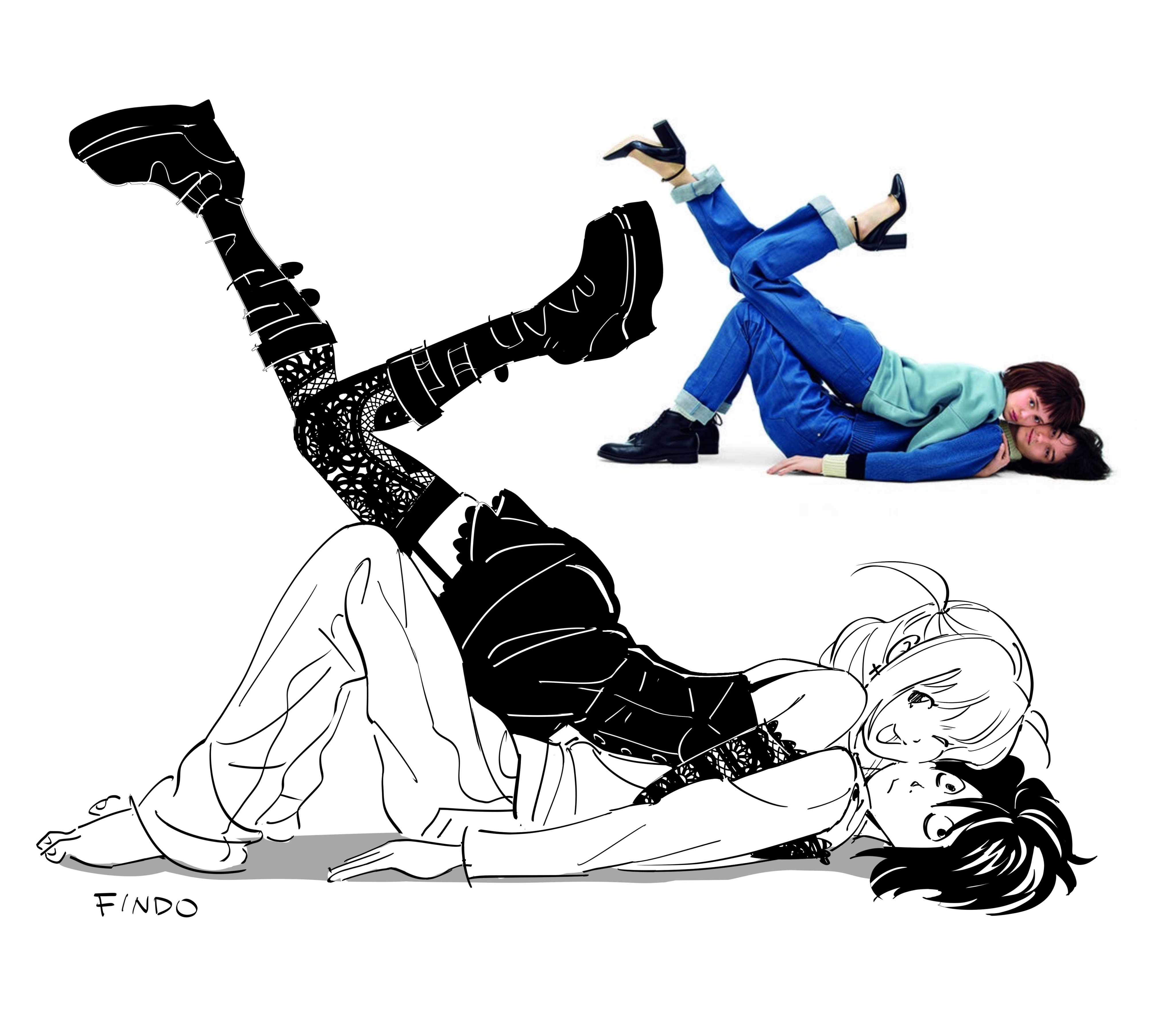 findoworld, amane misa, l (death note), death note, absurdres, derivative work, highres, 1boy, 1girl, artist name, bare shoulders, barefoot, black boots, black dress, black hair, boots, breasts, cheek-to-cheek, cross, cross earrings, detached sleeves, draw your fav ship like this (meme), dress, earrings, full body, garter straps, hair between eyes, half updo, heads together, hetero, jewelry, lace, lace sleeves, lace thighhighs, long hair, medium breasts, meme, one eye closed, open mouth, reference inset, short hair, short twintails, sleeveless, sleeveless dress, smile, thighhighs, twintails, white background