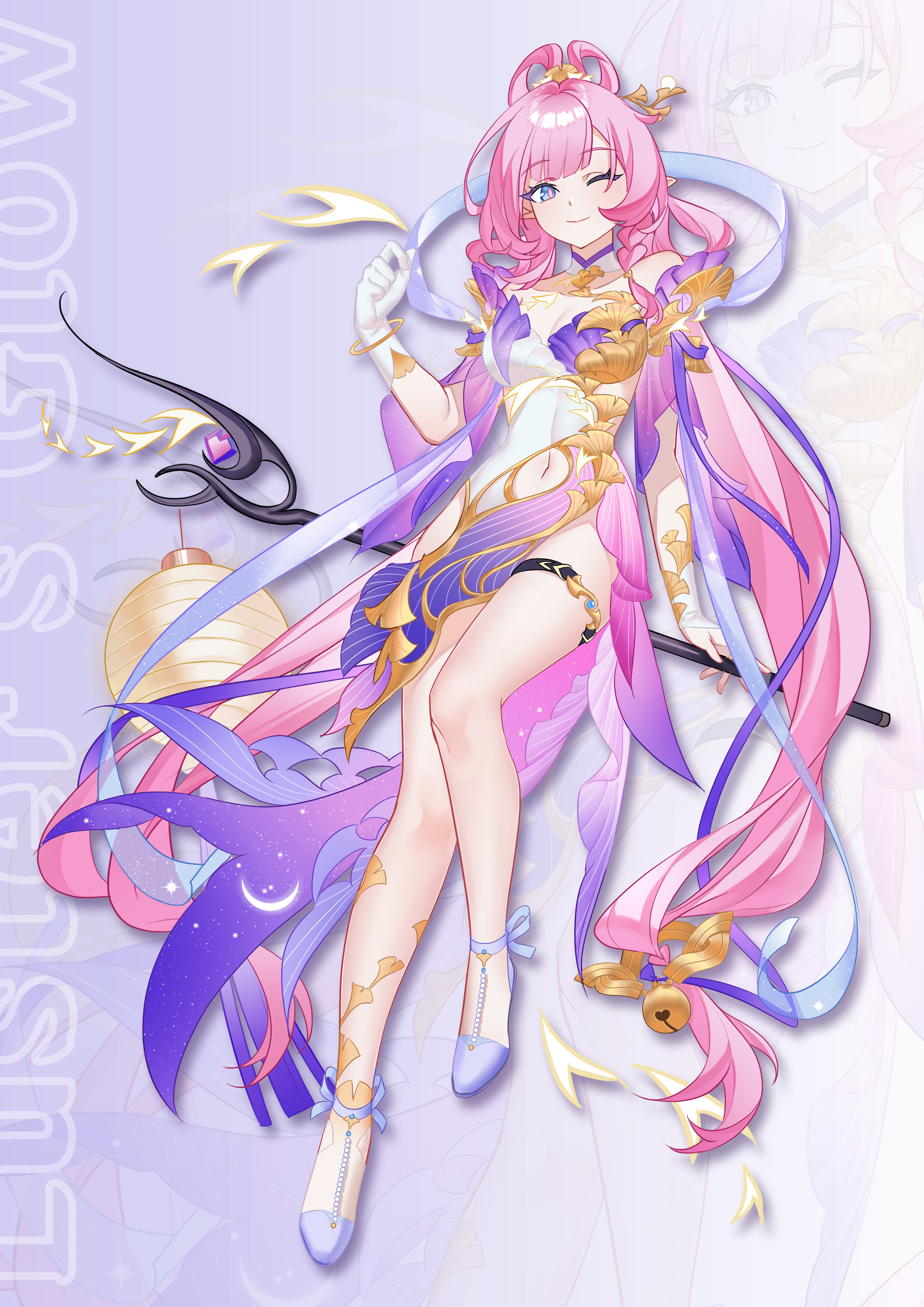 sang sha, elysia (honkai impact), honkai (series), honkai impact 3rd, absurdres, chinese commentary, commentary request, highres, 1girl, alternate costume, blue eyes, breasts, dress, full body, gloves, high heels, holding, holding staff, large breasts, long hair, pink hair, simple background, solo, staff, thigh strap, thighs, very long hair, white background, white dress, white gloves