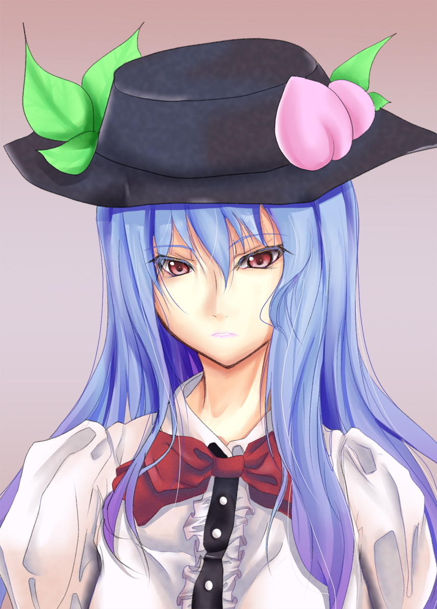 oimari, hinanawi tenshi, touhou, bad id, bad pixiv id, 1girl, blue hair, female focus, food, fruit, gradient background, hat, peach, red eyes, solo