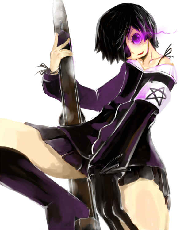 metaborikkumen, black matagi, black rock shooter, bad id, bad pixiv id, 10s, 1girl, black hair, black socks, eyepatch, female focus, gloves, glowing, glowing eyes, gun, headphones, high heels, hood, hoodie, purple eyes, shoes, short hair, simple background, skirt, socks, solo, weapon, white background, zipper
