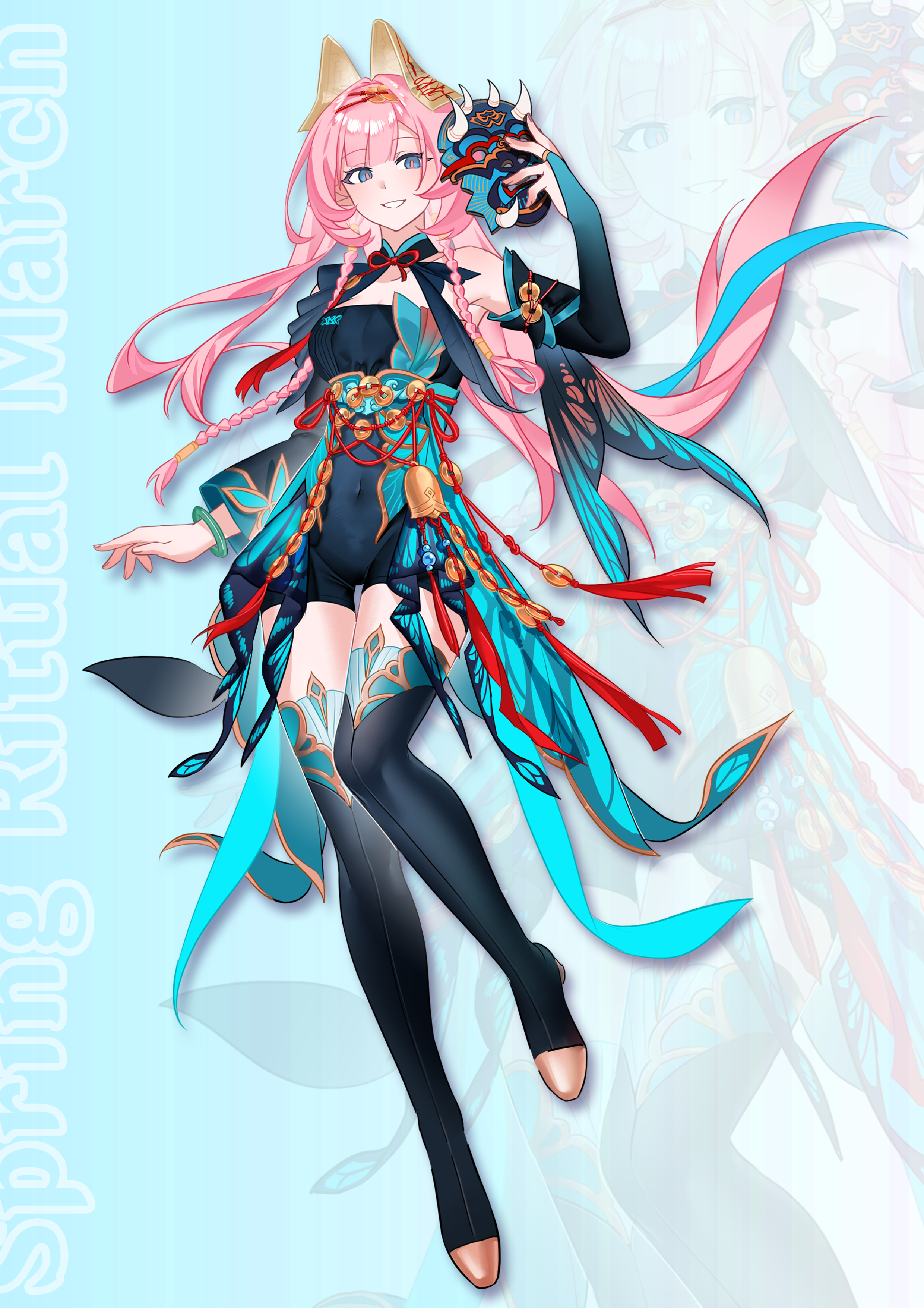 sang sha, elysia (honkai impact), honkai (series), honkai impact 3rd, absurdres, chinese commentary, commentary request, highres, 1girl, alternate costume, blue eyes, blue unitard, breasts, bridal gauntlets, full body, holding, holding mask, large breasts, looking at viewer, mask, oni mask, pink hair, simple background, single bare shoulder, smile, solo, thighs
