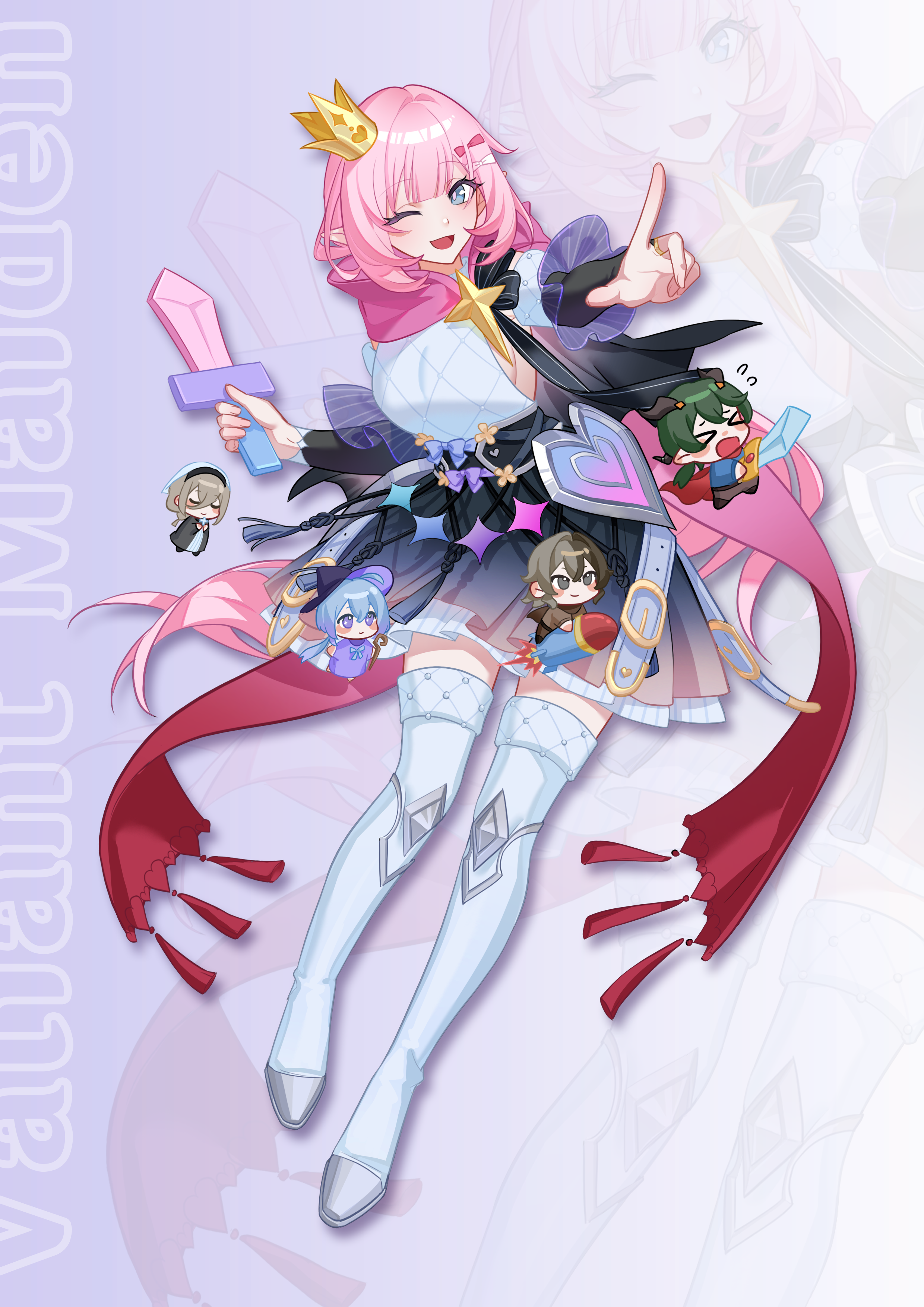 sang sha, aponia, elysia (honkai impact), griseo, griseo (starry impression), kosma, vill-v, honkai (series), honkai impact 3rd, absurdres, chinese commentary, commentary request, highres, > <, 1boy, 4girls, ;), alternate costume, armor, black skirt, blonde hair, blue eyes, blue hair, breastplate, breasts, brown hair, chibi, crown, elf, full body, green hair, hat, holding, holding toy, large breasts, long hair, multiple girls, one eye closed, pink hair, pointy ears, rocket ship, simple background, skirt, smile, spacecraft, toy, toy sword, very long hair, white background, witch hat