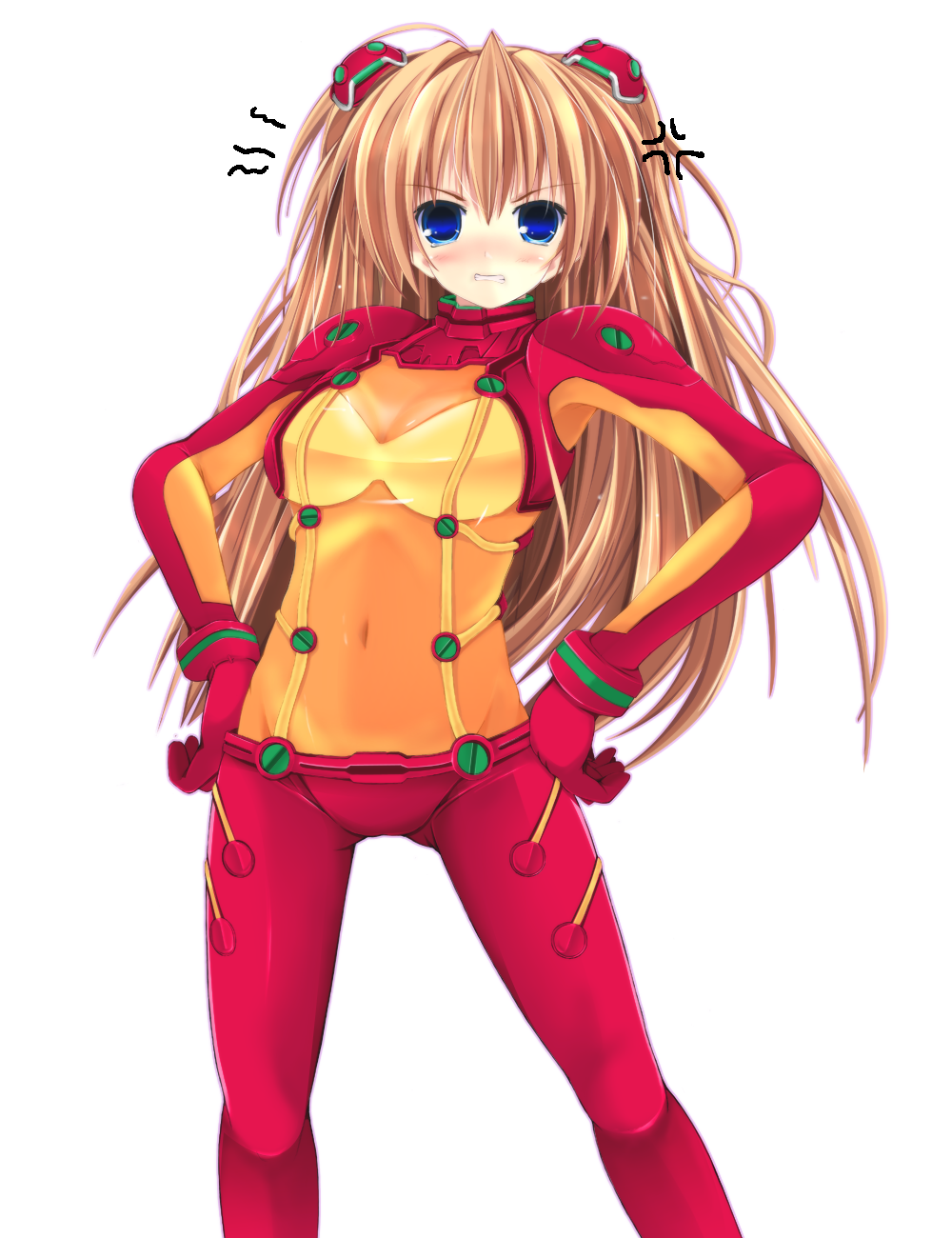 kuon itsuki, souryuu asuka langley, evangelion: 2.0 you can (not) advance, neon genesis evangelion, rebuild of evangelion, bad id, bad pixiv id, highres, 00s, 1girl, angry, blue eyes, bodysuit, breasts, cleavage, female focus, hands on own hips, long hair, mecha pilot suit, navel, orange hair, plugsuit (evangelion), red hair, see-through cleavage, see-through clothes, simple background, solo, test plugsuit (evangelion), twintails, white background