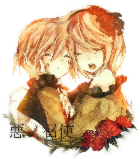 heca, allen avadonia, kagamine len, kagamine rin, riliane lucifen d'autriche, aku no musume (vocaloid), evillious nendaiki, vocaloid, bad id, bad pixiv id, 1boy, 1girl, blonde hair, brother and sister, closed eyes, dress, flower, hairband, rose, short hair, siblings, tears, twins, victorian, yellow dress