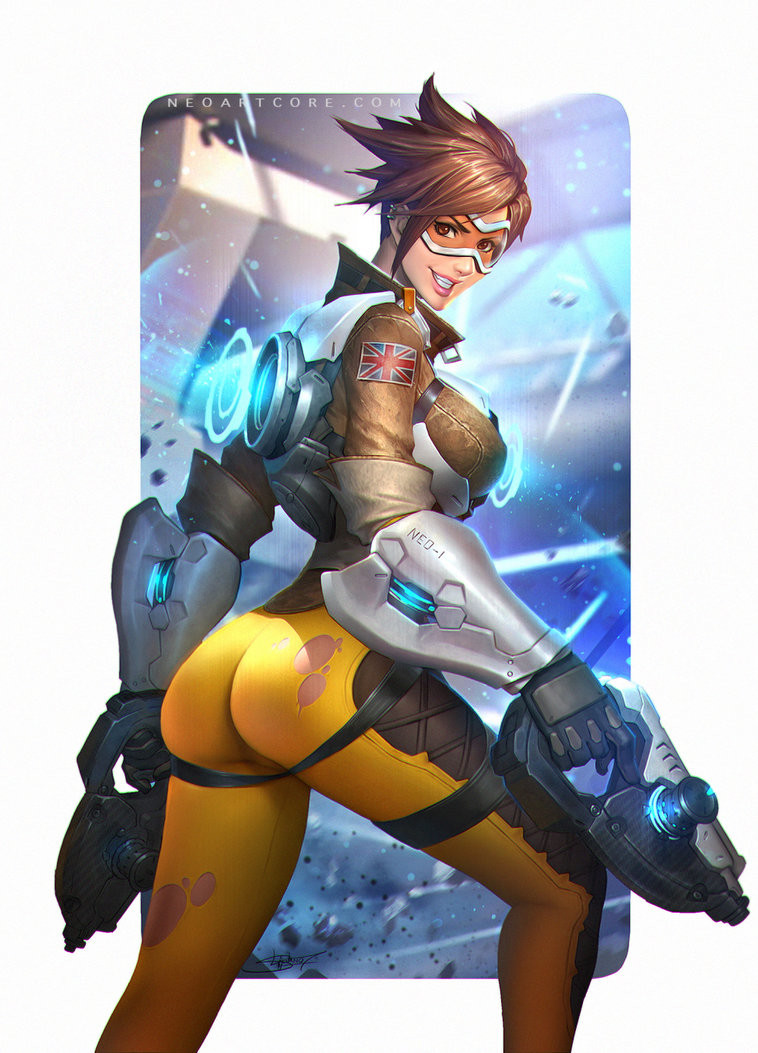 neoartcore, tracer (overwatch), overwatch, 1girl, artist name, ashes, ass, blurry, blurry background, bracelet, breasts, brown hair, ear piercing, goggles, goggles on head, gun, holding, holding weapon, huge ass, jacket, jewelry, large breasts, leggings, lips, looking at viewer, looking back, open mouth, piercing, smile, teeth, torn clothes, union jack, union jack print, weapon