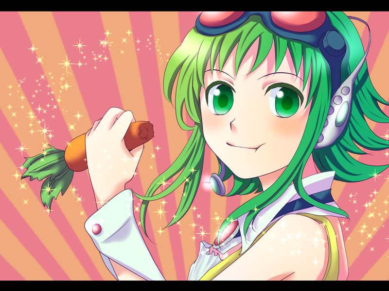 gumi, vocaloid, 1girl, carrot, cuffs, eating, female focus, food, goggles, green eyes, green hair, headphones, letterboxed, matching hair/eyes, short hair, solo, sparkle, wrist cuffs