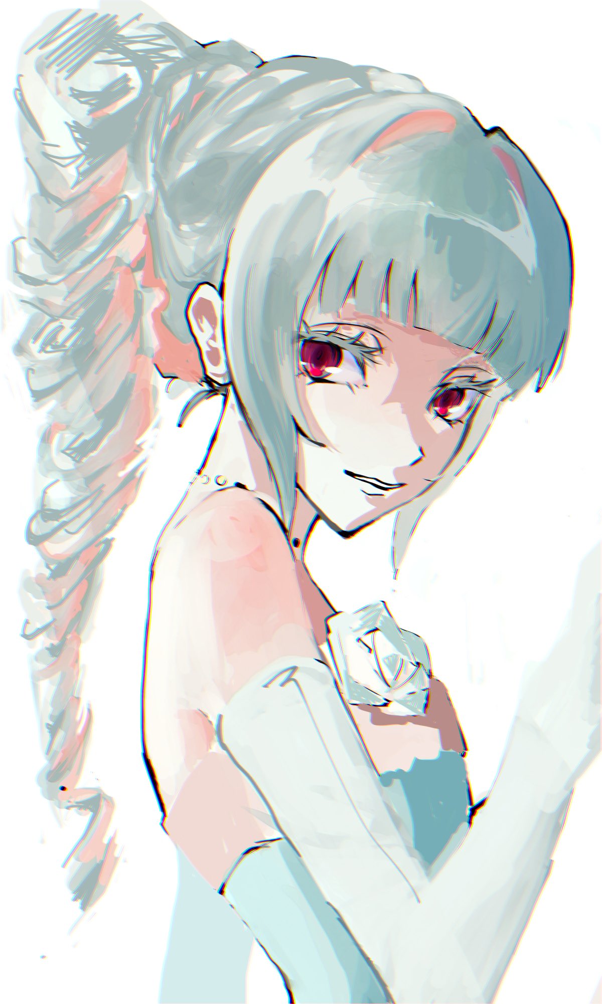 amou june, pretty rhythm, pretty rhythm rainbow live, pretty series, highres, 1girl, bare shoulders, blunt bangs, drill hair, elbow gloves, gloves, grey hair, long hair, looking at viewer, orbn w, red eyes, smile, solo, upper body, white background