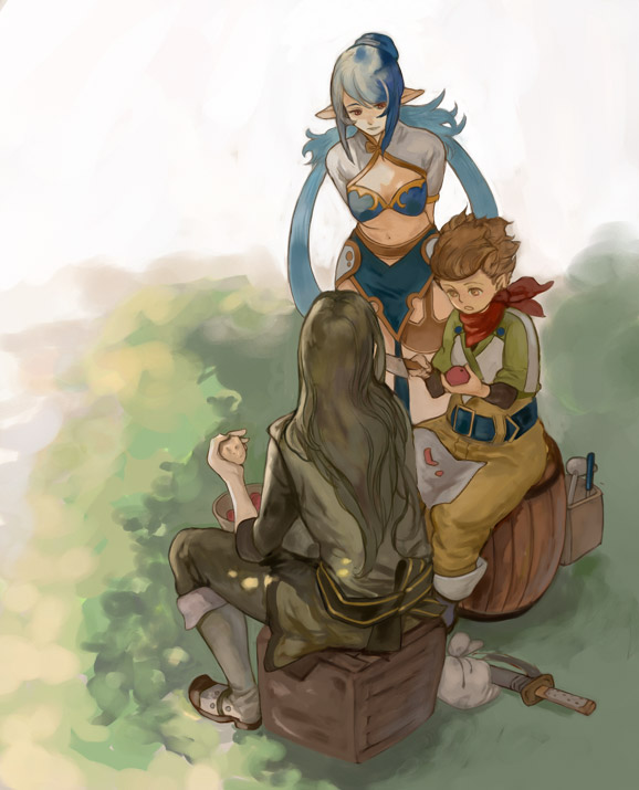 3838383, judith (tales), karol capel, yuri lowell, tales of (series), tales of vesperia, 00s, 1girl, 2boys, apple, black hair, blue hair, boots, brown eyes, brown hair, food, fruit, knee boots, knife, long hair, midriff, multiple boys, pointy ears, purple eyes, scarf, smile