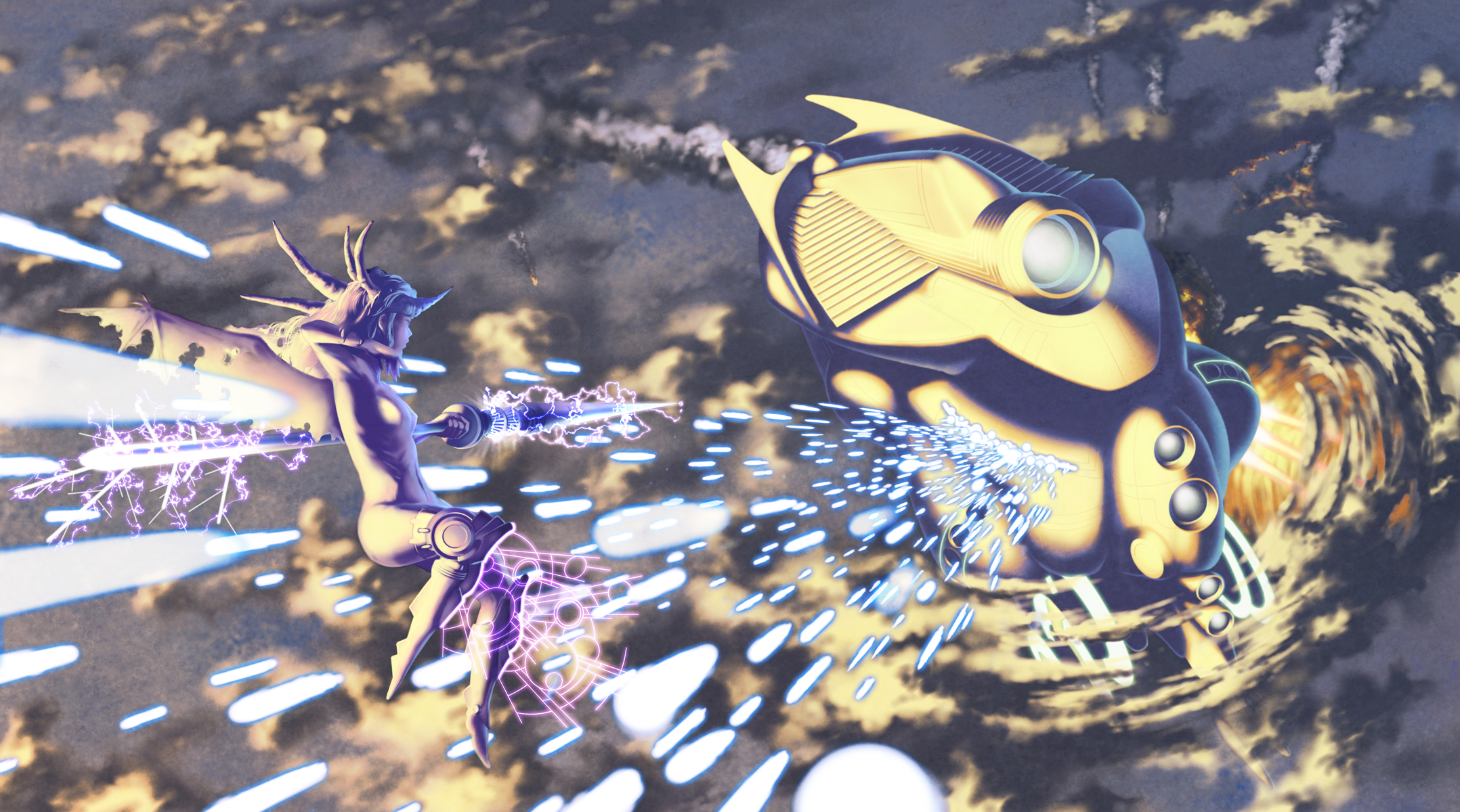 kagijou, kagijou urushi, original, highres, 1girl, action, aerial battle, battle, blonde hair, horns, lance, long hair, mecha musume, nude, polearm, science fiction, spacecraft, weapon, wings