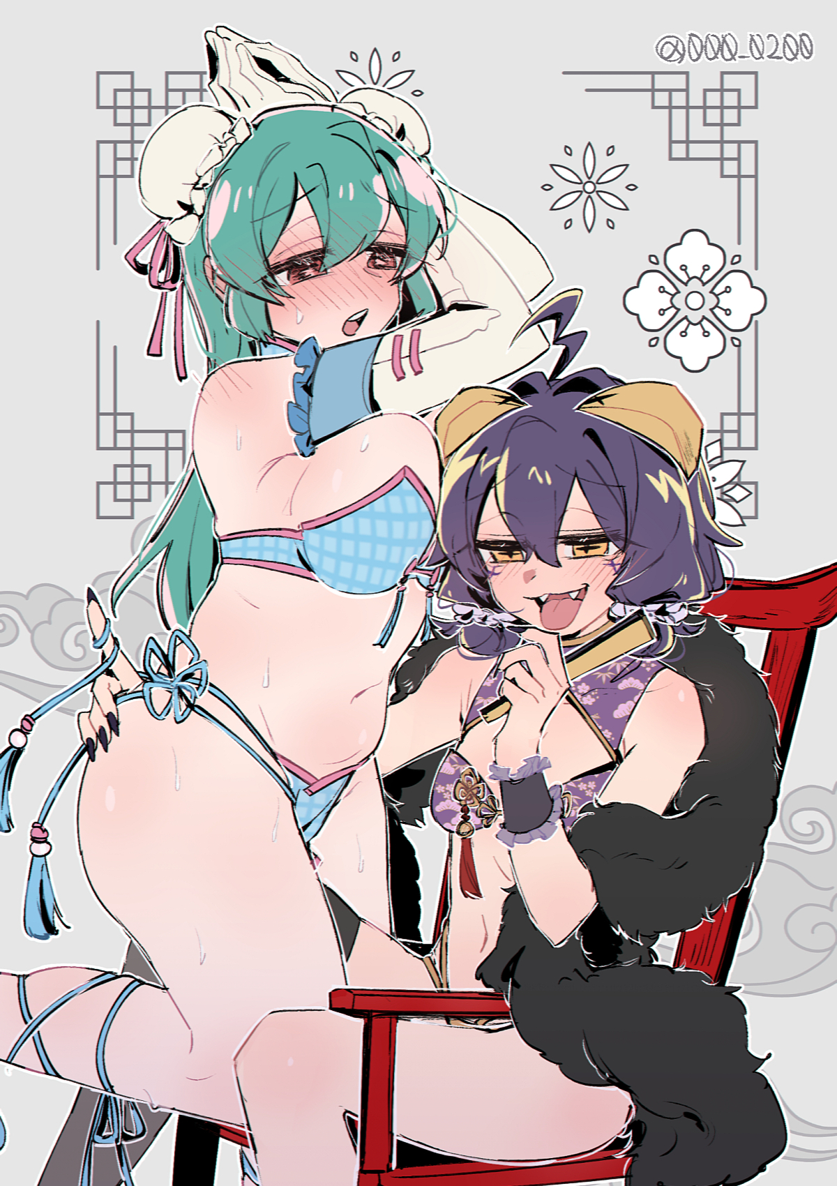 an sin, magia azure, magia baiser, mahou shoujo ni akogarete, commentary, highres, 2girls, ahoge, alternate costume, aqua hair, artist name, bikini, black nails, black thighhighs, black wrist cuffs, blue bikini, blush, breasts, bun cover, chair, chinese knot, cross-shaped pupils, double bun, elbow gloves, fangs, feather boa, folded fan, folding fan, forward-facing horns, frilled wrist cuffs, frills, full-face blush, gloves, grey background, hair between eyes, hair bun, hair intakes, hair ornament, hair scrunchie, hand fan, holding, holding fan, horns, large breasts, long hair, multiple girls, nail polish, navel, on chair, open mouth, pankou, purple bikini, purple hair, red eyes, scrunchie, short hair, single thighhigh, sitting, small breasts, sweat, swimsuit, symbol-shaped pupils, tassel, teeth, thighhighs, tongue, tongue out, twitter username, upper teeth only, white gloves, wrist cuffs, yellow eyes, yellow horns, yuri