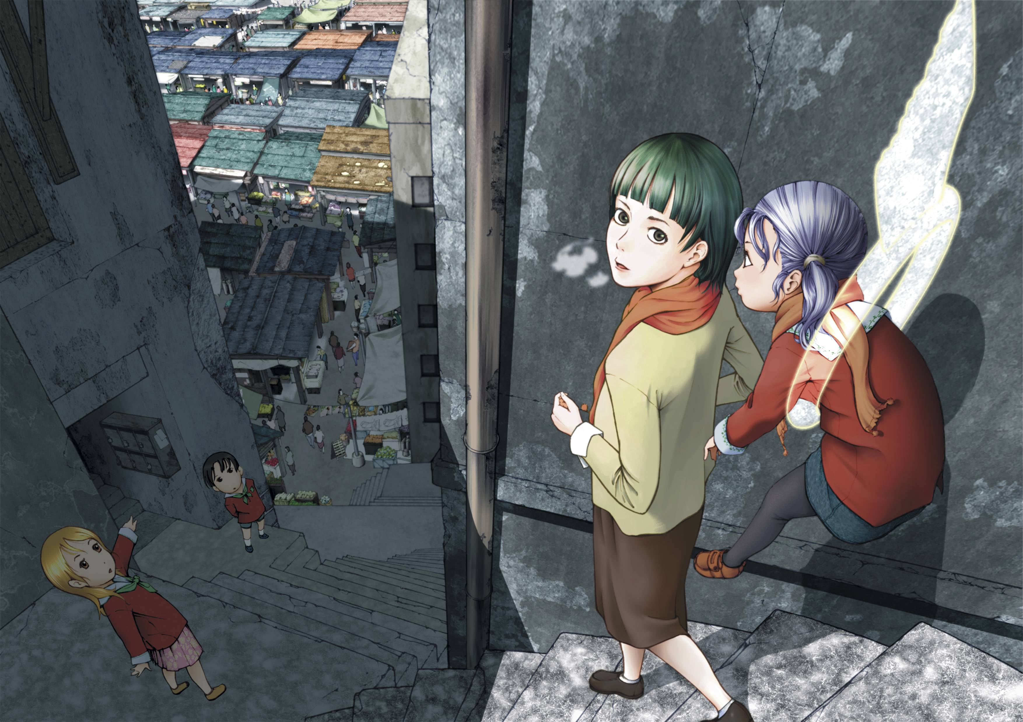 kagijou, kagijou urushi, original, absurdres, highres, 1boy, 3girls, black hair, blonde hair, child, city, coat, green eyes, green hair, long hair, multiple girls, pantyhose, pointing, purple hair, scarf, school uniform, short hair, skirt, twintails, yellow eyes