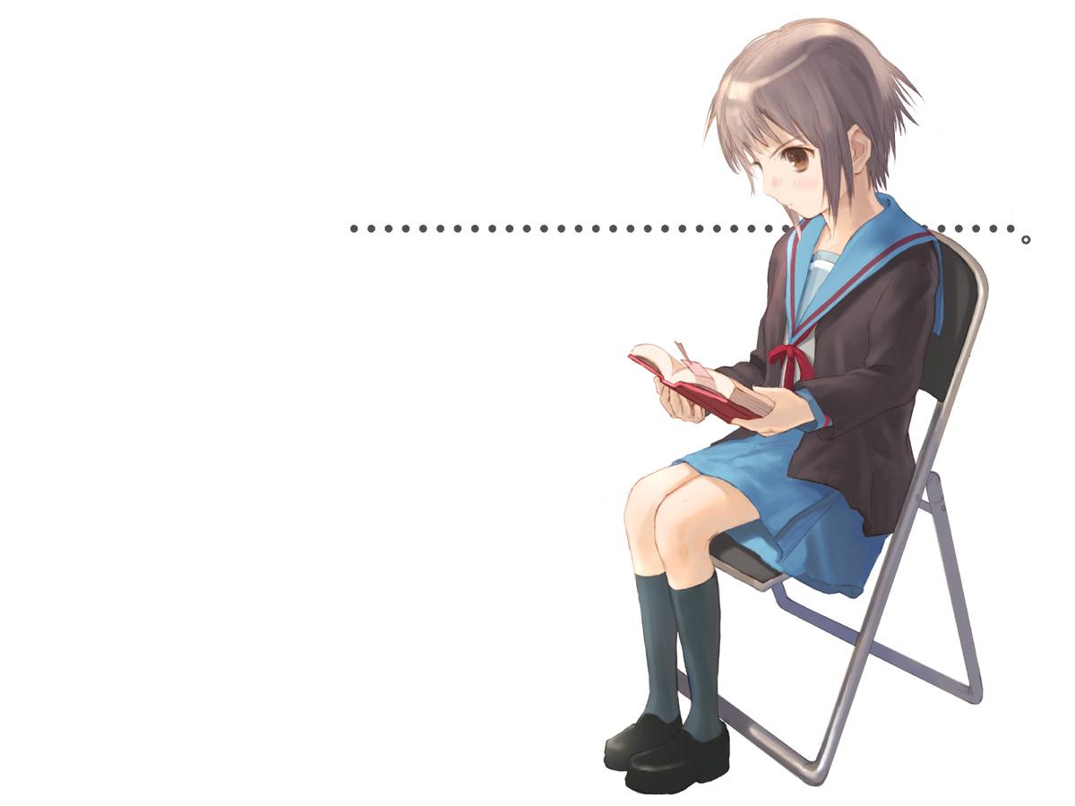 nagato yuki, suzumiya haruhi no yuuutsu, 00s, book, brown eyes, chair, grey hair, kneehighs, open book, reading, school uniform, short hair, sitting, skirt, socks, solo