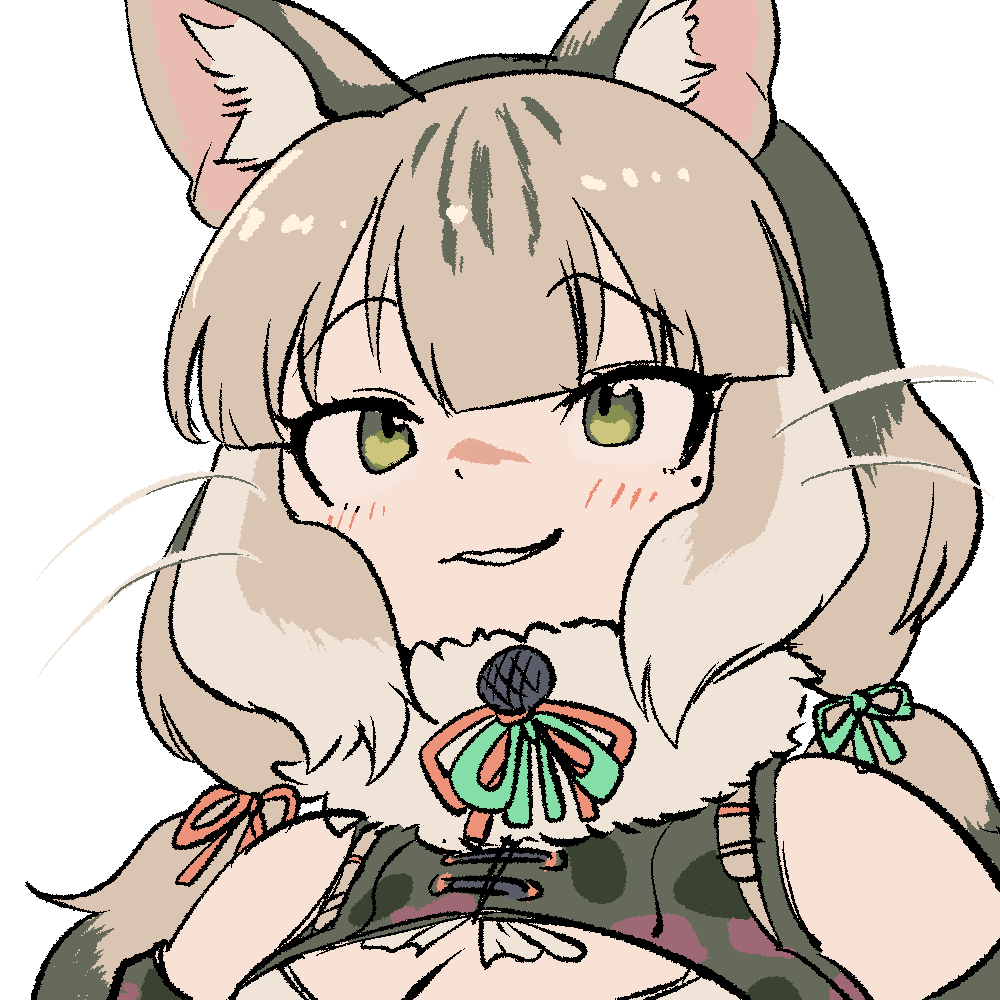mcgunngu, jungle cat (kemono friends), kemono friends, kemono friends v project, 1girl, animal ears, blush, breasts, camouflage, cat ears, cat girl, cleavage, elbow gloves, extra ears, gloves, green eyes, grey hair, jacket, large breasts, long hair, looking at viewer, microphone, ribbon, simple background, sleeveless, solo, twintails, upper body, virtual youtuber
