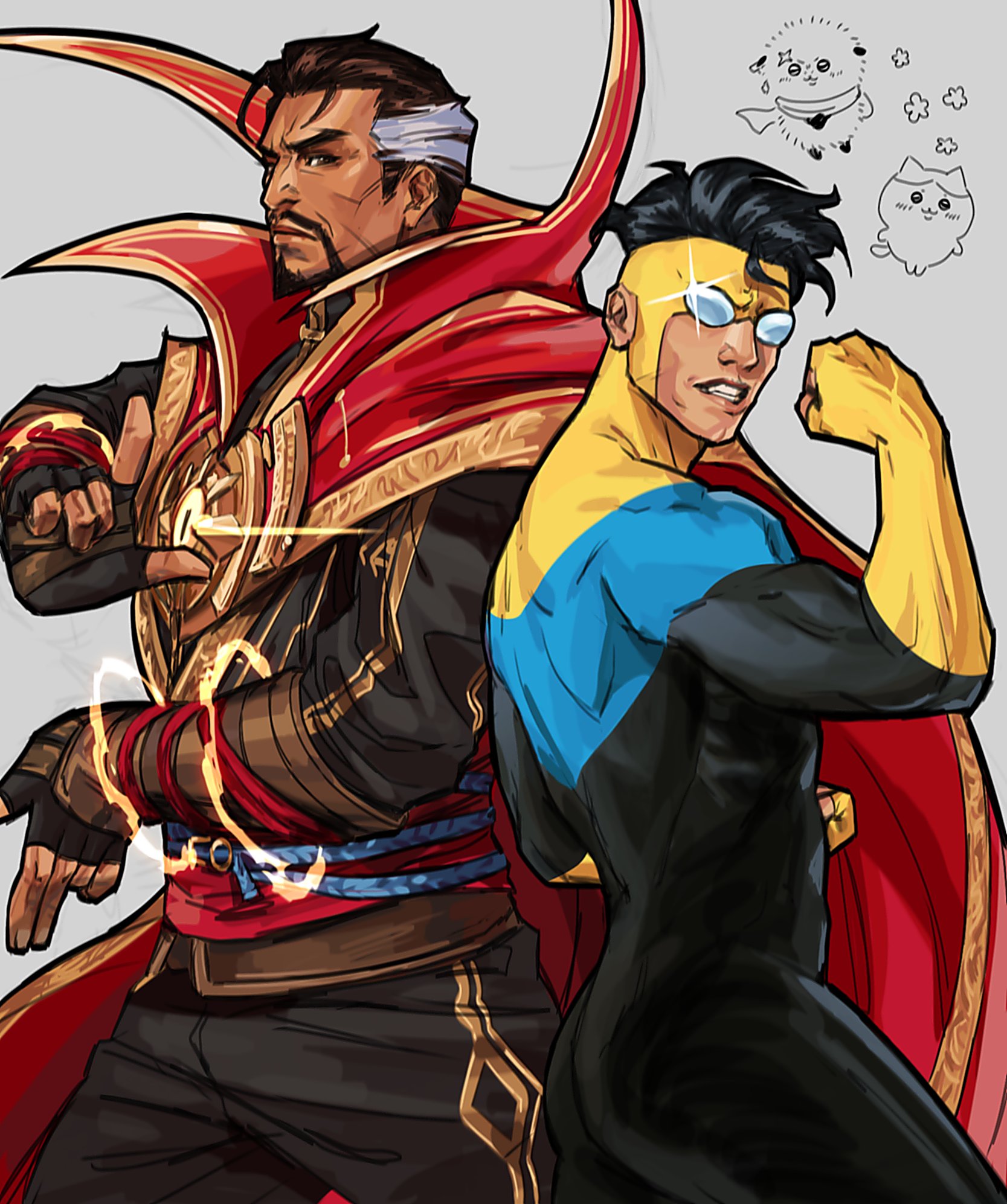 titojefie, doctor strange, invincible (character), mark grayson, chiikawa, doctor strange (series), invincible (series), marvel, marvel rivals, commentary, english commentary, highres, 2boys, black facial hair, black gloves, black hair, black pants, black robe, bodysuit, cape, clenched hand, clenched teeth, crossover, facial hair, fingerless gloves, gloves, grey background, grey eyes, looking at viewer, looking to the side, male focus, mature male, multicolored bodysuit, multicolored hair, multiple boys, pants, red cape, robe, short hair, superhero costume, teeth, two-tone bodysuit, white hair