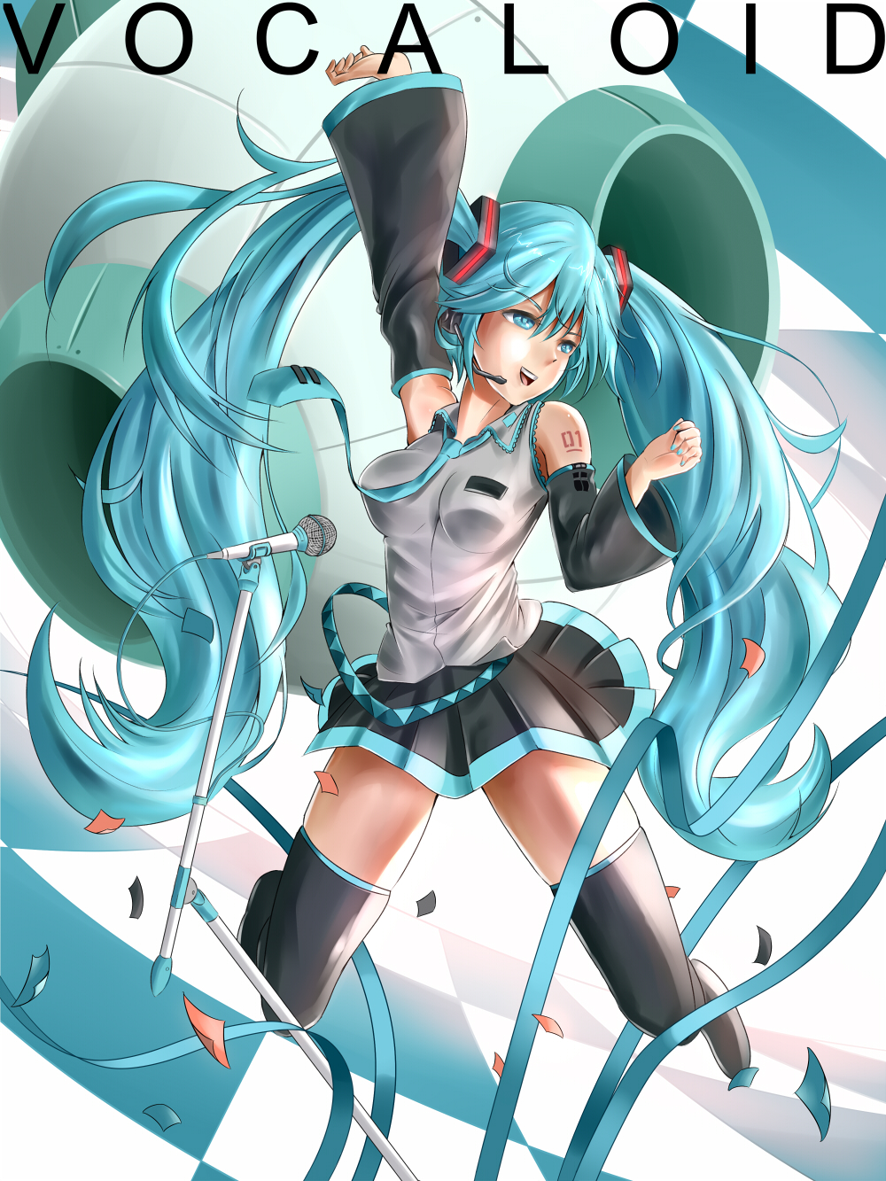 poo (saku), saku (saku9595), hatsune miku, vocaloid, highres, 1girl, aqua eyes, aqua hair, aqua nails, bare shoulders, black thighhighs, detached sleeves, female focus, headset, jumping, long hair, microphone, microphone stand, midair, nail polish, necktie, skirt, solo, thighhighs, twintails, zettai ryouiki