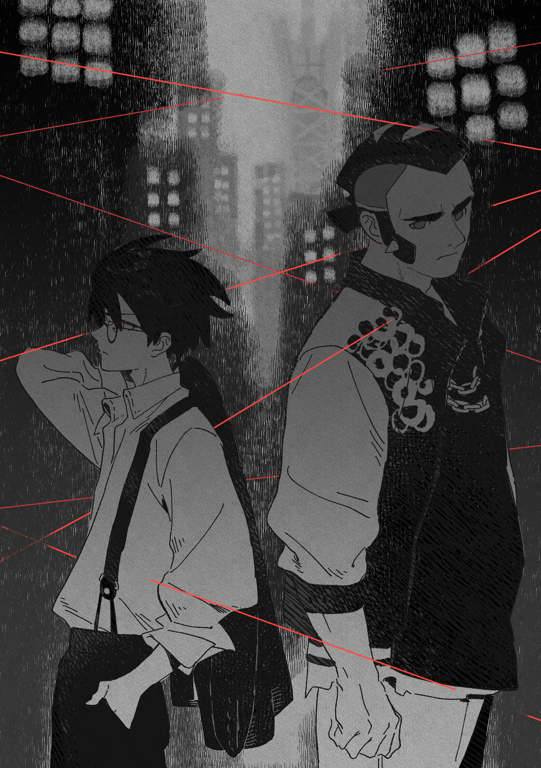 hazel maier, corbeau (pokemon), philippe (pokemon), nintendo, pokemon, pokemon legends: z-a, absurdres, commentary request, highres, 2boys, aged down, arm up, closed mouth, collared shirt, frown, glasses, hand in pocket, holding, holding unworn clothes, holding unworn jacket, jacket, looking at viewer, male focus, mohawk, multiple boys, pants, popped collar, round eyewear, shirt, short hair, sideburns, spikes, spot color, suspenders, wing collar