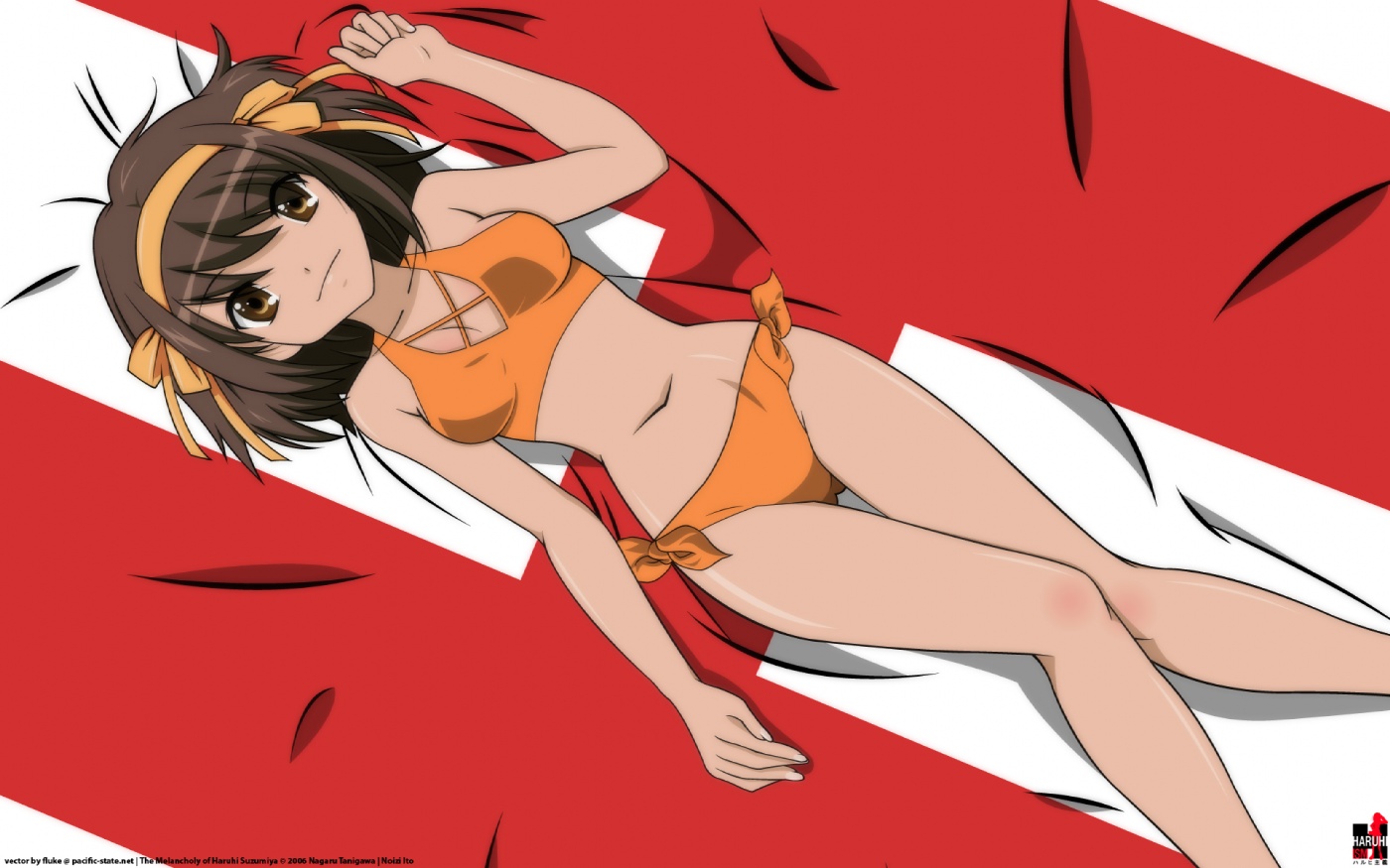 suzumiya haruhi, suzumiya haruhi no yuuutsu, derivative work, vector trace, 00s, 1girl, beach, bikini, brown eyes, brown hair, hair ribbon, hairband, lying, midriff, on back, ribbon, short hair, sports bikini, swimsuit