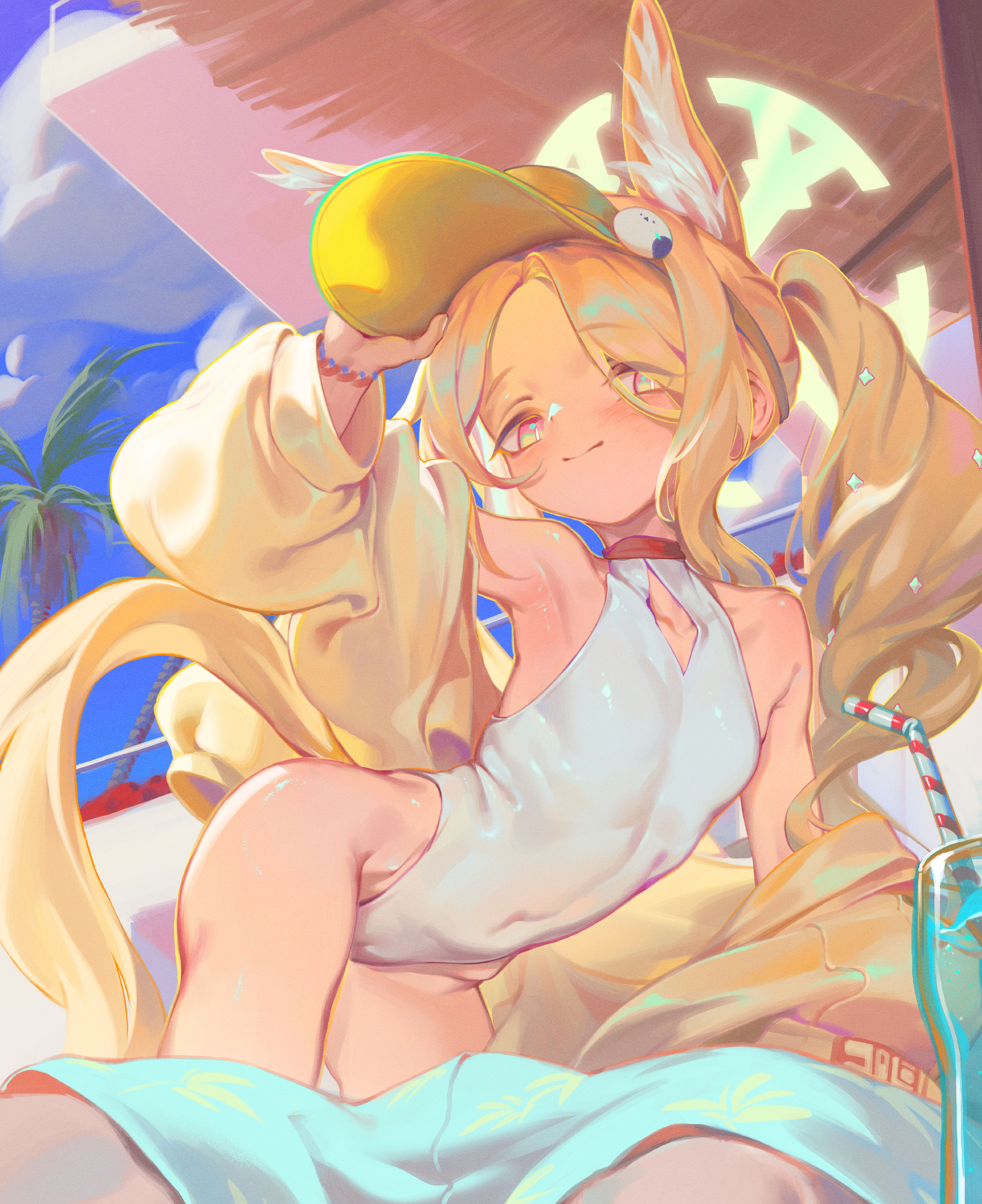 villainchin, seia (blue archive), seia (swimsuit) (blue archive), blue archive, absurdres, highres, 1boy, 1girl, animal ear fluff, animal ears, blonde hair, blush, breasts, forehead, fox ears, hair over one eye, halo, long hair, parted bangs, sidelocks, small breasts, yellow eyes