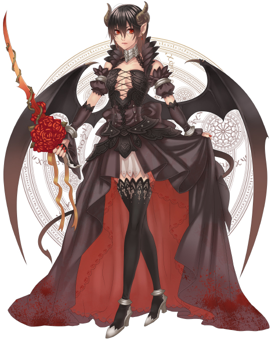 hatake michi, hatakemichi, original, bat wings, black hair, demon girl, dress, flower, horns, legs, magic circle, pointy ears, red eyes, rose, short hair, solo, sword, thighhighs, weapon, wings