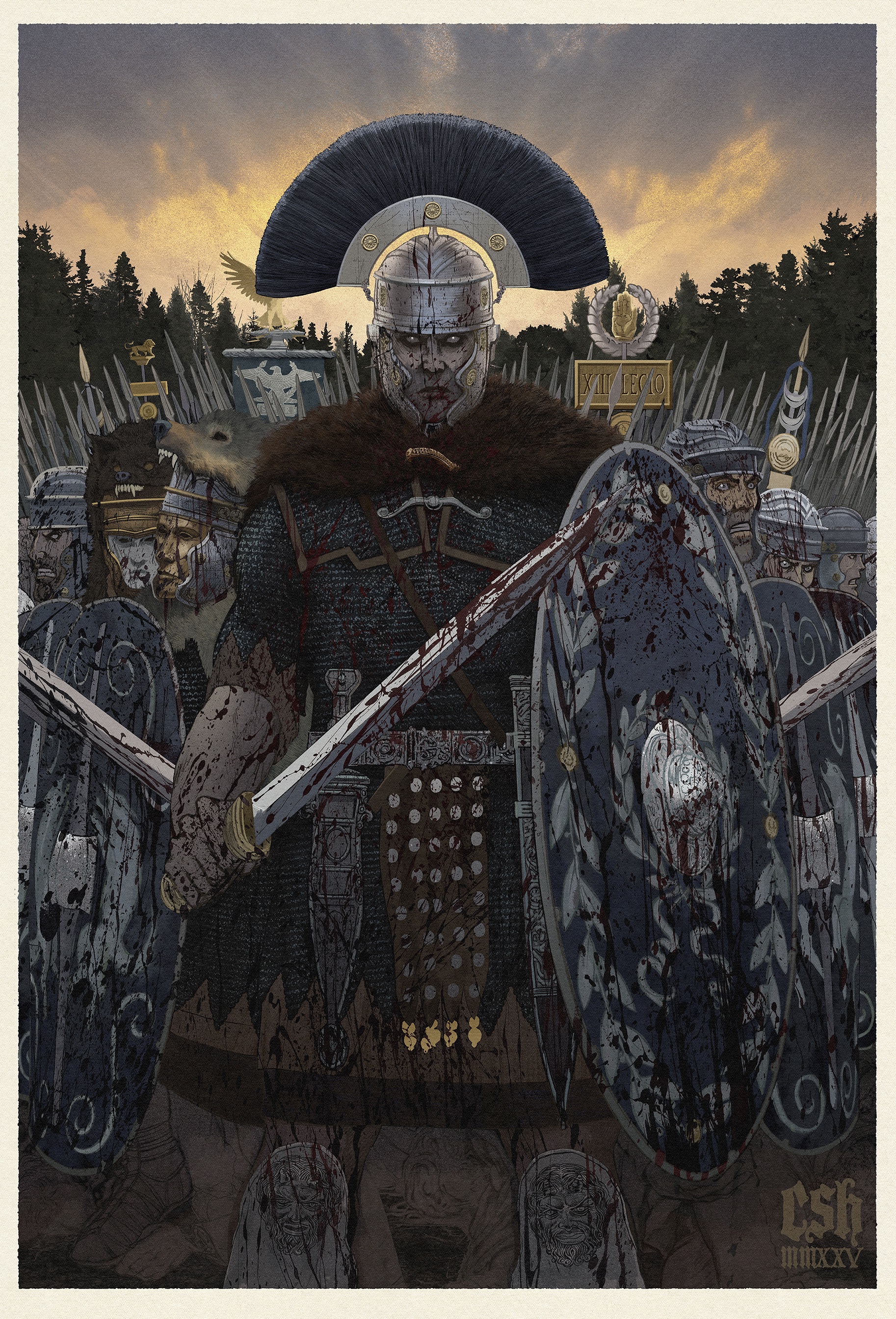 christian sloan hall, original, absurdres, highres, traditional media, 6+boys, armor, armored boots, battle standard, bird, blood, boots, cape, chainmail, eagle, fur cape, grey eyes, helmet, holding, holding polearm, holding shield, holding sword, holding weapon, mask, multiple boys, pelt, plume, polearm, roman empire, roman numeral, scabbard, scared, sheath, shield, spear, sword, weapon