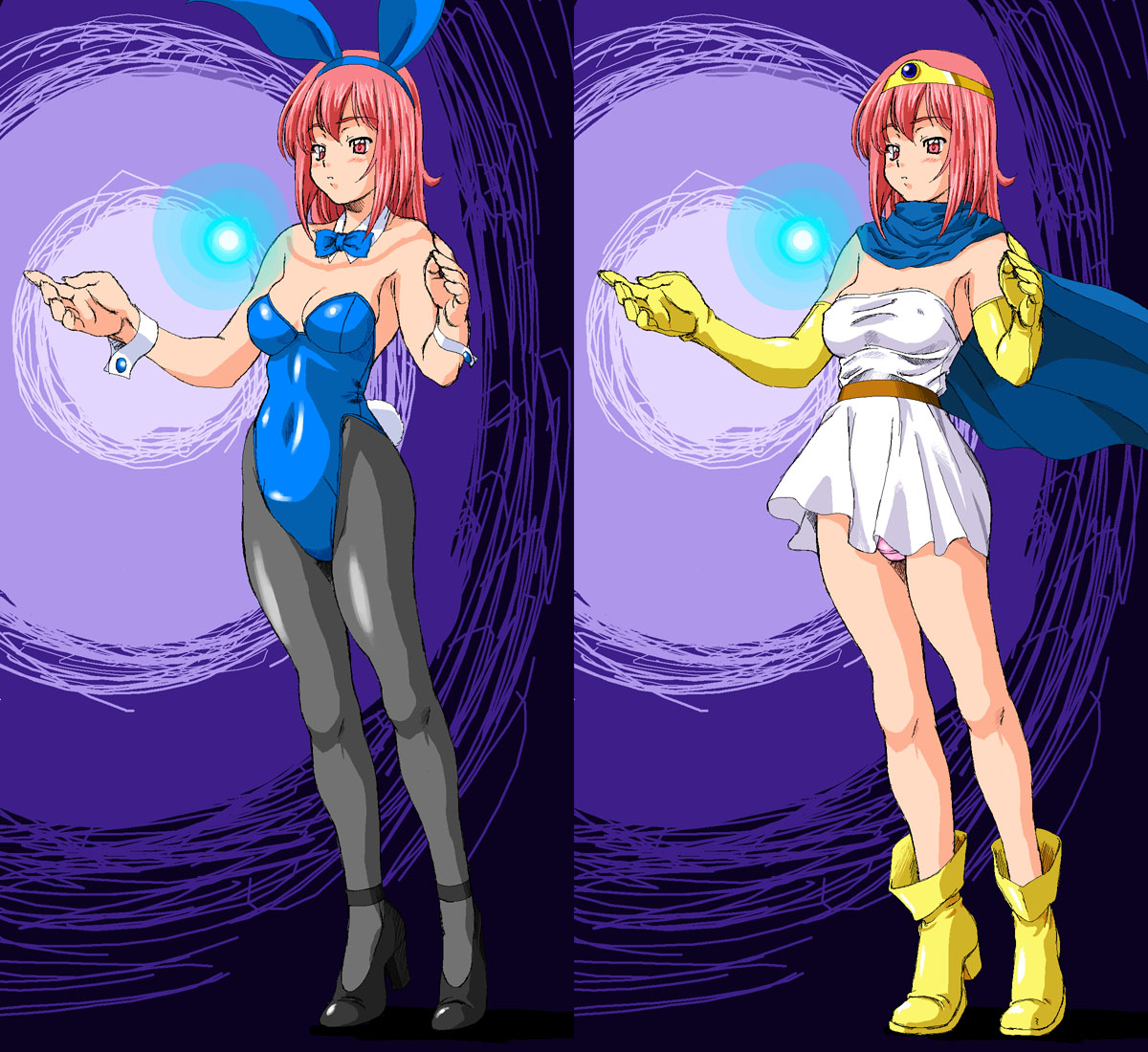 kamia (not found), gadabout (dq3), sage (dq3), chunsoft, dragon quest, dragon quest iii, enix, bad id, bad pixiv id, animal ears, boots, cape, circlet, elbow gloves, energy ball, fake animal ears, gloves, long hair, panties, pantyhose, pantyshot, playboy bunny, rabbit ears, red eyes, red hair, sparkle, underwear