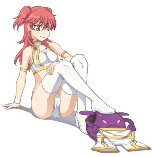 caryo, nanashino, bad haro, nena trinity, gundam, gundam 00, pilot suit, lowres, 00s, 1girl, bare shoulders, boots, cameltoe, earrings, female focus, jewelry, long hair, panties, red hair, shorts, smile, solo, thigh boots, thighhighs, two side up, underwear, unworn shorts, white background, white panties, white thighhighs, yellow eyes