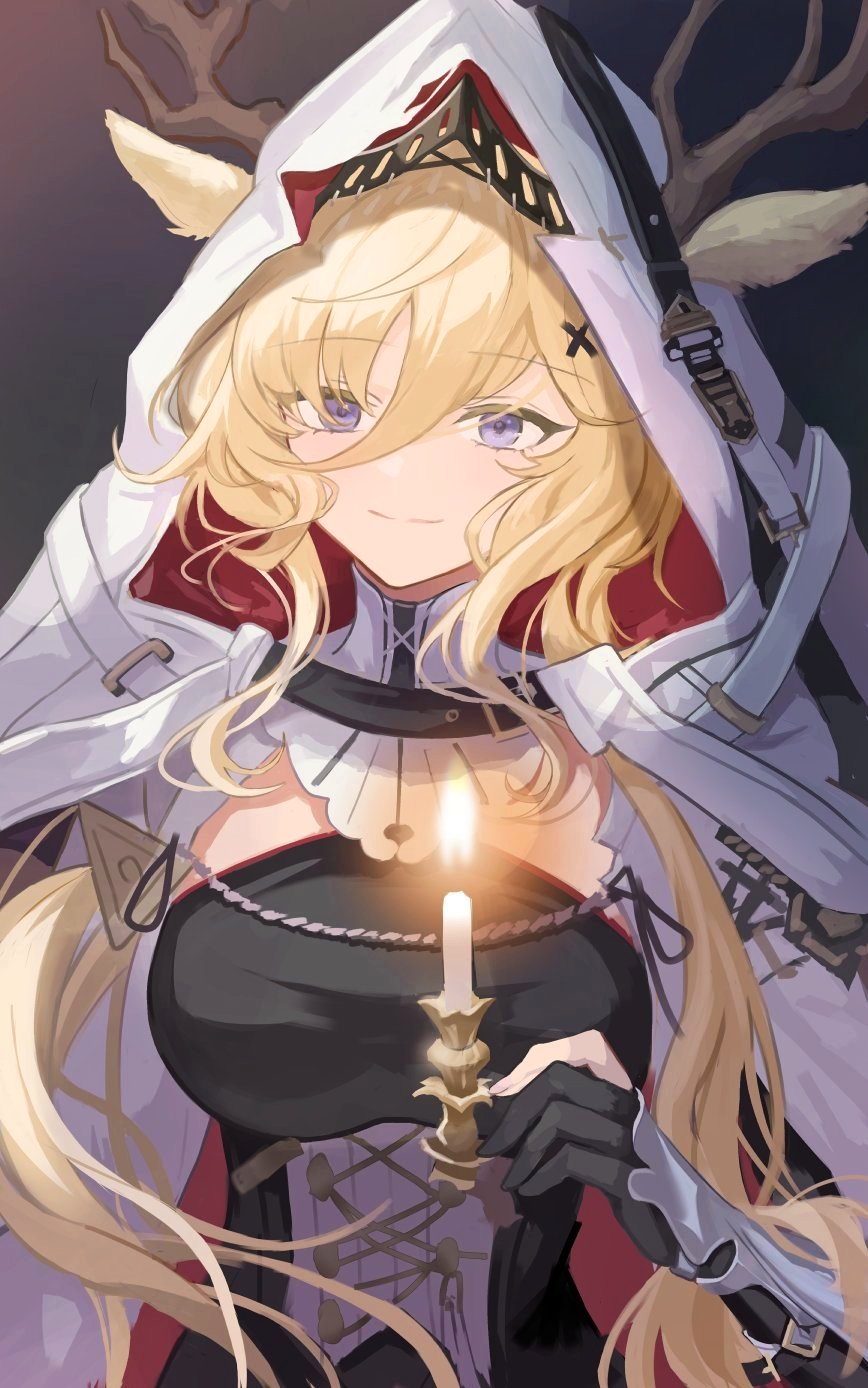 touchika, viviana (arknights), arknights, commentary request, highres, partial commentary, 1girl, animal ears, antlers, black background, black gloves, blonde hair, blue eyes, breasts, candle, candlestand, cape, cloak, closed mouth, deer antlers, deer ears, deer girl, ears through hood, gloves, hair between eyes, holding, holding candle, hood, hood up, hooded cape, horns, horns through headwear, horns through hood, long hair, looking at viewer, open cloak, open clothes, simple background, smile, solo, upper body, vambraces, white cape, white hood