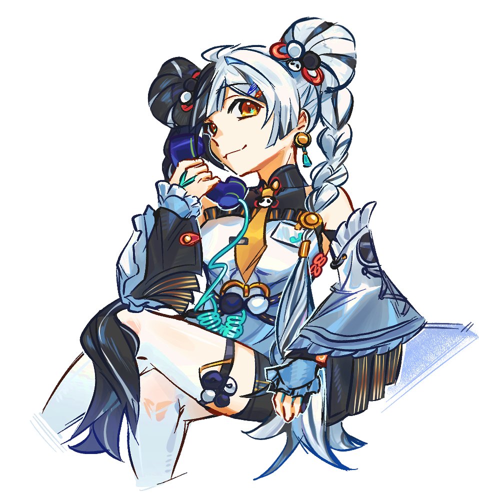 wtvr ccc, dialyn (zenless zone zero), zenless zone zero, hashtag-only commentary, 1girl, bare shoulders, black hair, braid, breasts, detached sleeves, earrings, jewelry, medium breasts, multicolored hair, necktie, phone, shirt, smile, solo, split-color hair, thighhighs, twin braids, white shirt, white thighhighs, yellow eyes, yellow necktie