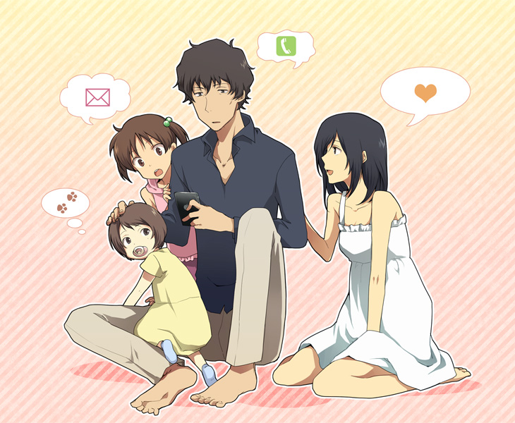 mitsuru (mitsu5), jinnouchi wabisuke, shinohara natsuki, summer wars, 1boy, 3girls, barefoot, black hair, black shirt, brown hair, cellphone, diagonal-striped background, dress, gradient background, heart, holding, holding phone, jinnouchi kana, jinnouchi mao, looking at phone, mail, multiple girls, pacifier, pants, paw print, phone, shirt, short twintails, sitting, socks, striped background, twintails, uncle and niece, white dress, yellow dress