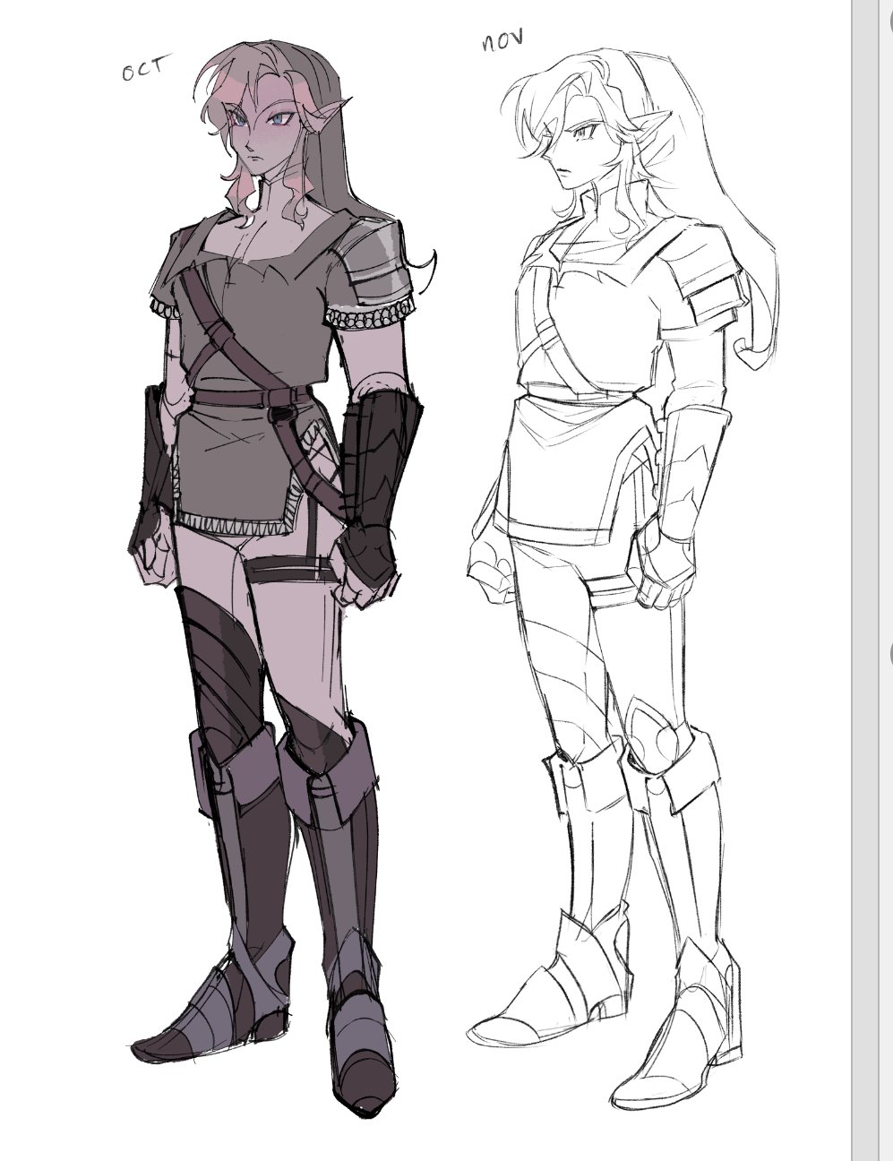 lemolunes, link, nintendo, the legend of zelda, highres, 1boy, armor, armored boots, blonde hair, boots, chainmail, full body, green hat, green tunic, hat, male focus, medium hair, november, october, pants, phrygian cap, pointy ears, shoulder armor, sketch, solo, tunic, vambraces, white background, white pants