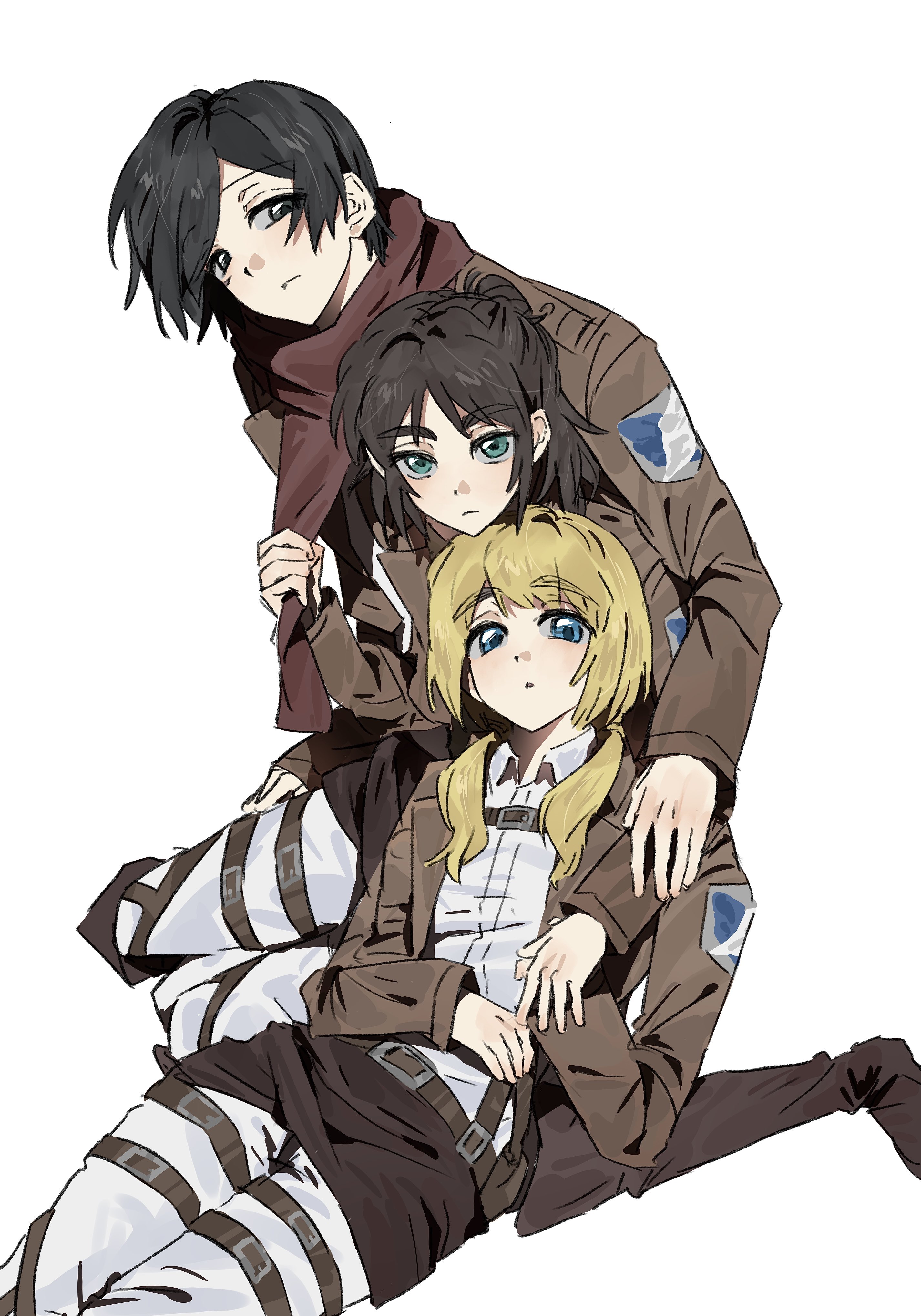 armin arlert, eren yeager, mikasa ackerman, shingeki no kyojin, absurdres, highres, 1boy, 2girls, adjusting another's clothes, black hair, blonde hair, blue eyes, boots, brown boots, brown hair, brown jacket, collared shirt, genderswap, genderswap (ftm), genderswap (mtf), green eyes, grey eyes, hair bun, hair over shoulder, hair tie, half updo, jacket, long hair, low twintails, medium hair, military jacket, multiple girls, negiii to 1, panties, parted bangs, red scarf, scarf, shirt, short hair, survey corps (emblem), twintails, underwear, white background, white panties, white shirt